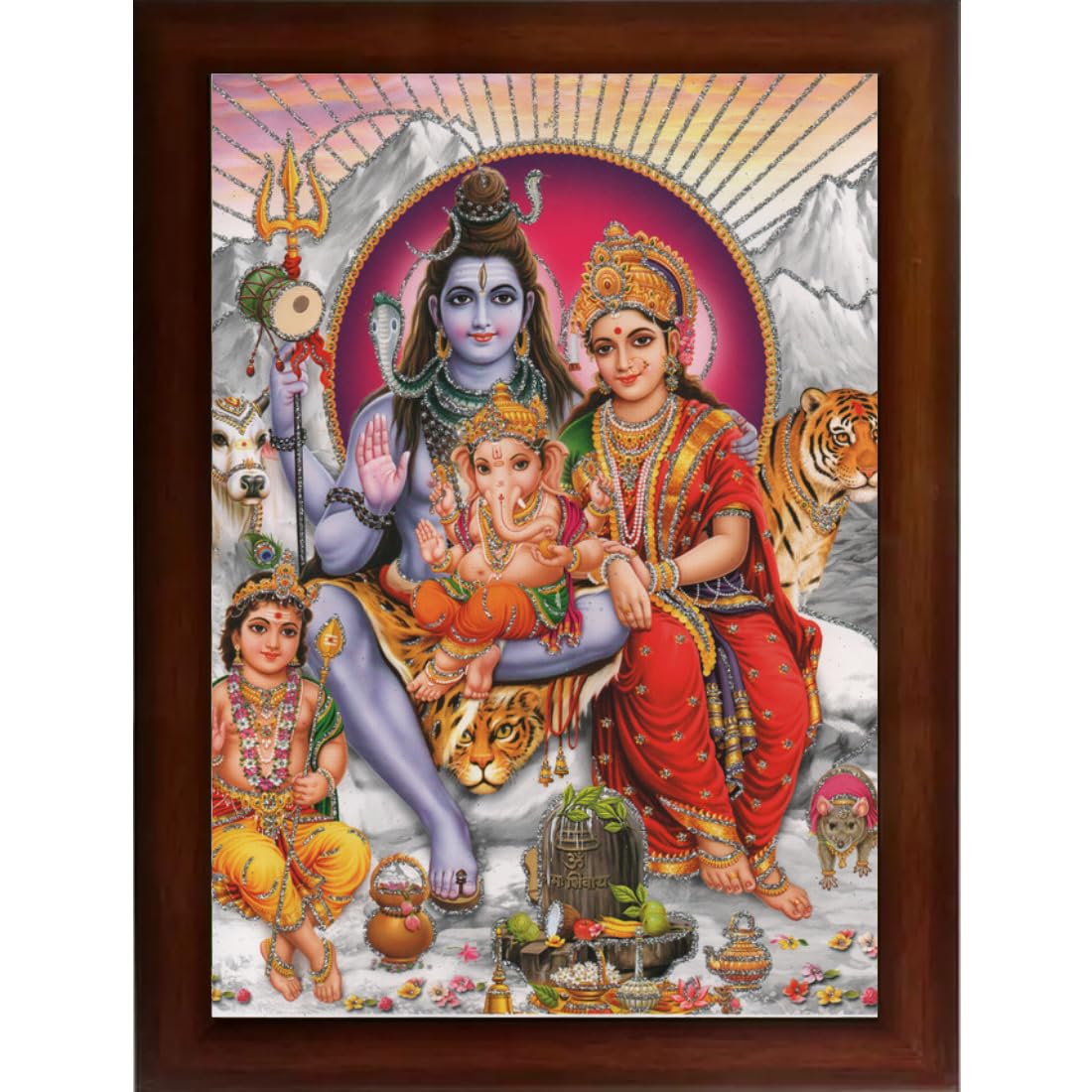 CRAFT QUEST Shiv Parivar (Shiv Shankar, Maa Parvati, Ganesh and Kartikey) Religious Synthetic Photo Frame Sparkle Coated for Pooja (10 X 13 inch, Multicolour)