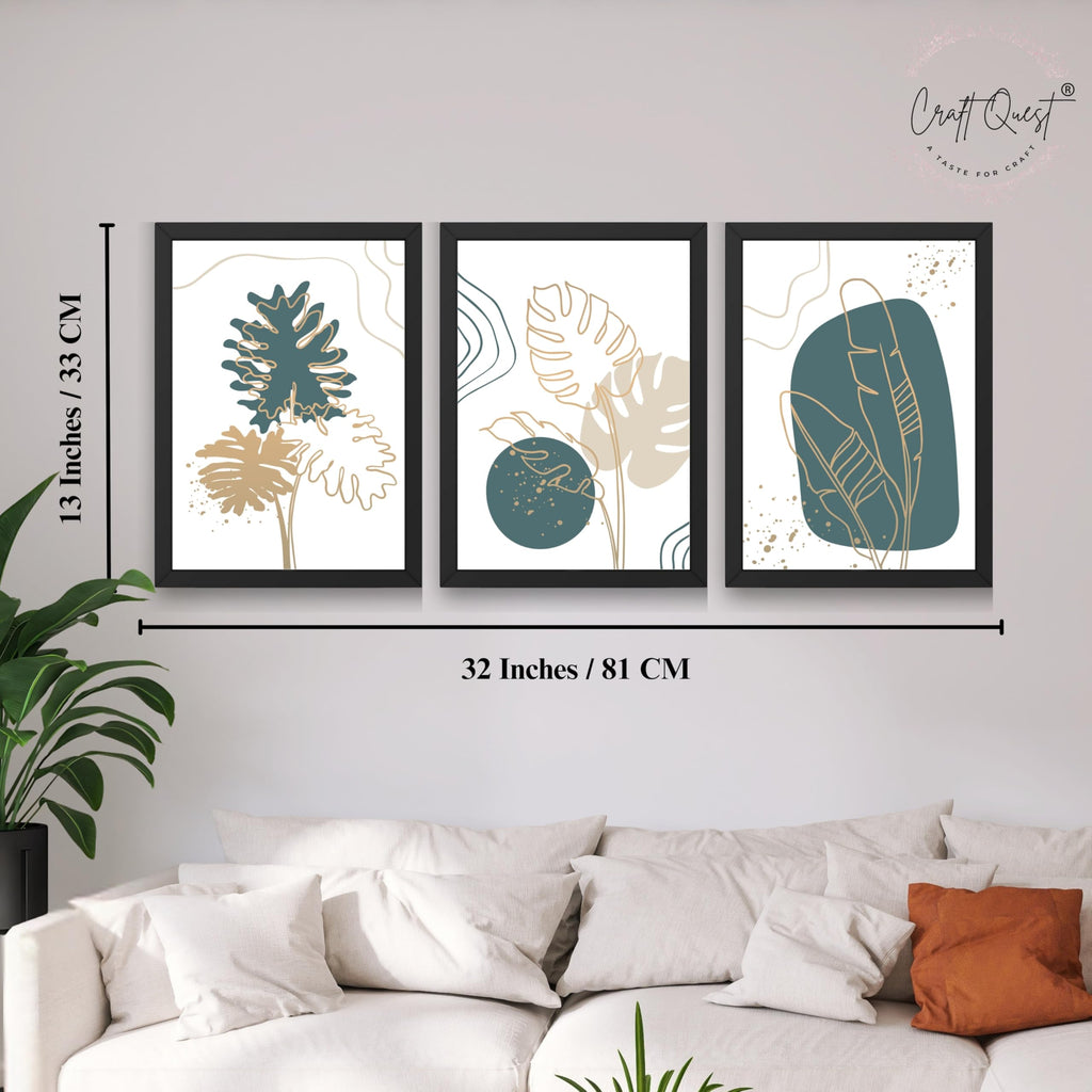 CRAFT QUEST Boho Leaf Artwork | Set of 3 Frames for Home Decoration | Ideal for Living Room, Bedroom & Offices
