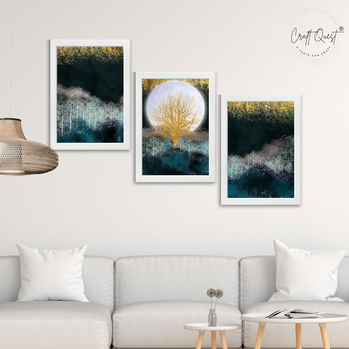 CRAFT QUEST Modern Art Christmas Trees & Mountains Landscape Wall Art | Set of 3 Frames for Home Decoration | Ideal for Living Room, Bedroom & Offices