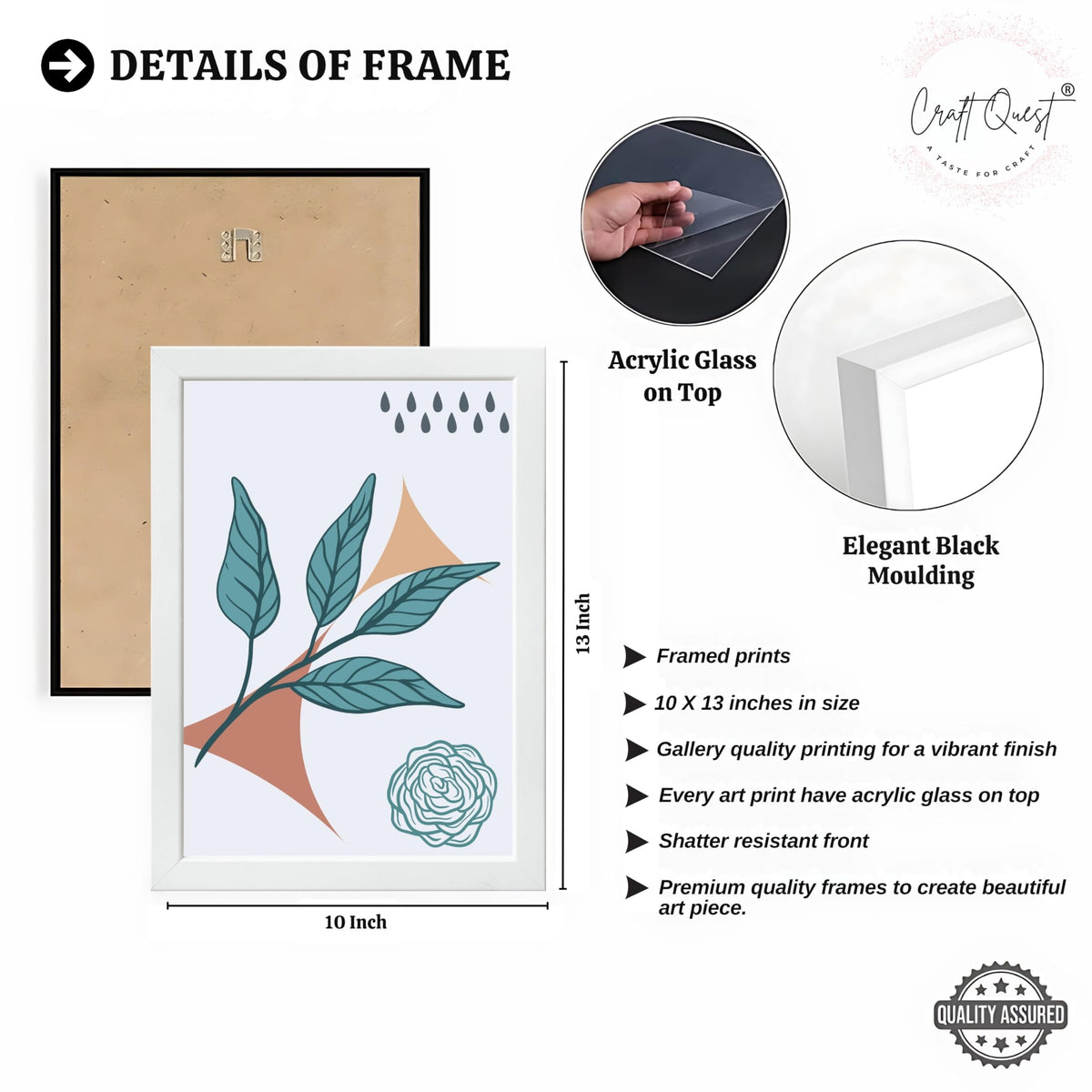 CRAFT QUEST Nature Inspired Botanical Wall Art Abstract Leaves Wall Art | Set of 3 Frames for Home Decoration | Ideal for Living Room, Bedroom & Office