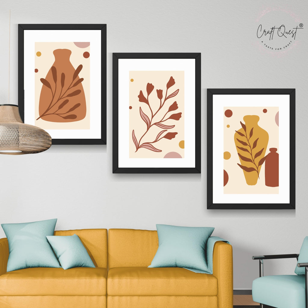 CRAFT QUEST Wall Art Decor Paintings | Set of 3 BOHO Wall Art Frames for Home Decoratio | Ideal for Living Room, Office & Bedrooms