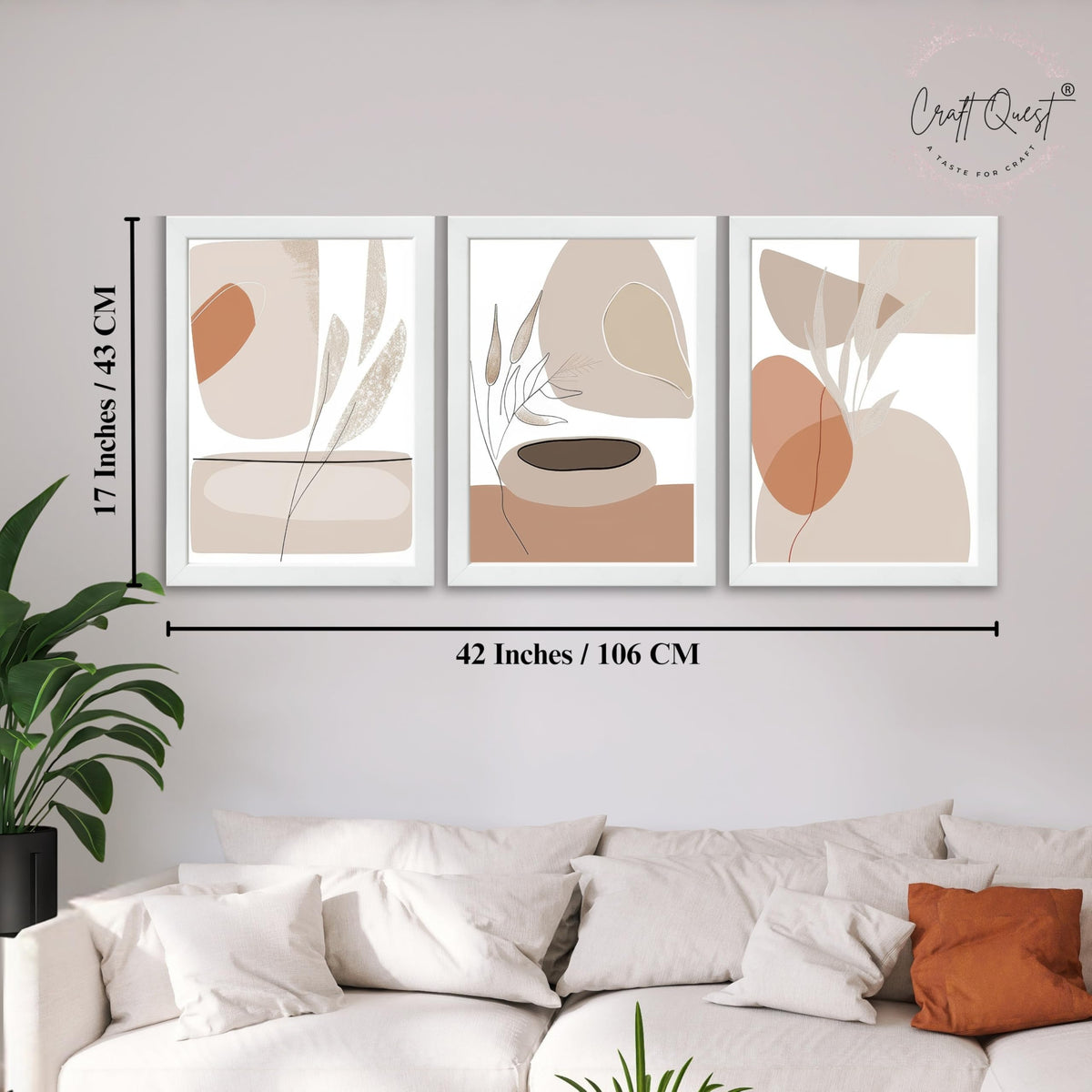 CRAFT QUEST Modern Art White Wall Abstract Wall Art | Set of 3 Frames for Home Decoration | Ideal for Living Room, Bedroom & Offices