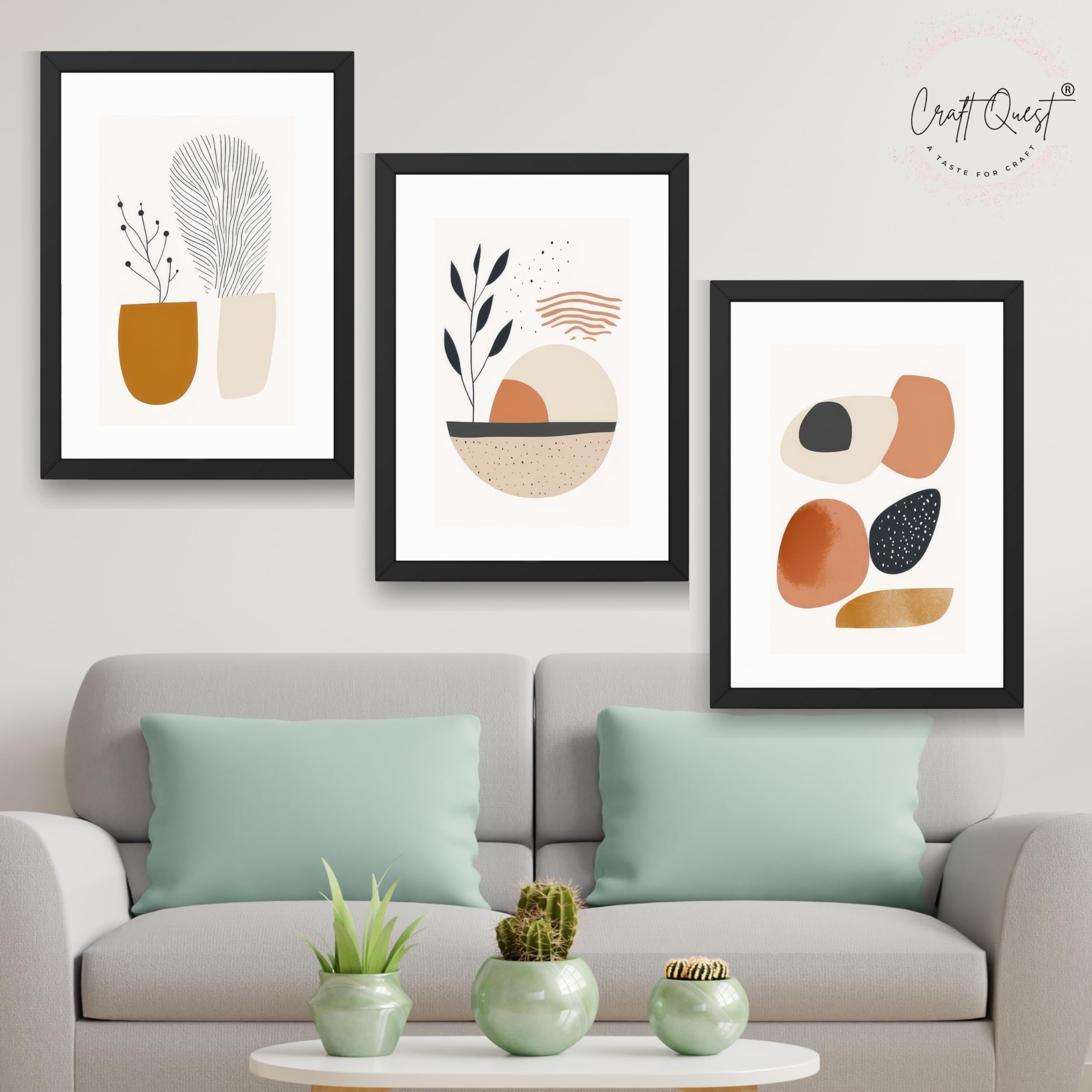 CRAFT QUEST Contemporary Organic Abstract Wall Art | Set of 3 Frames for Home Decoration | Ideal for Living Room, Bedroom & Offices