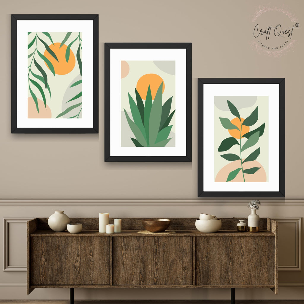 CRAFT QUEST Nature Inspired Botanical Abstract Wall Art | Set of 3 Frames for Home Decoration | Ideal for Living Room, Bedroom & Office