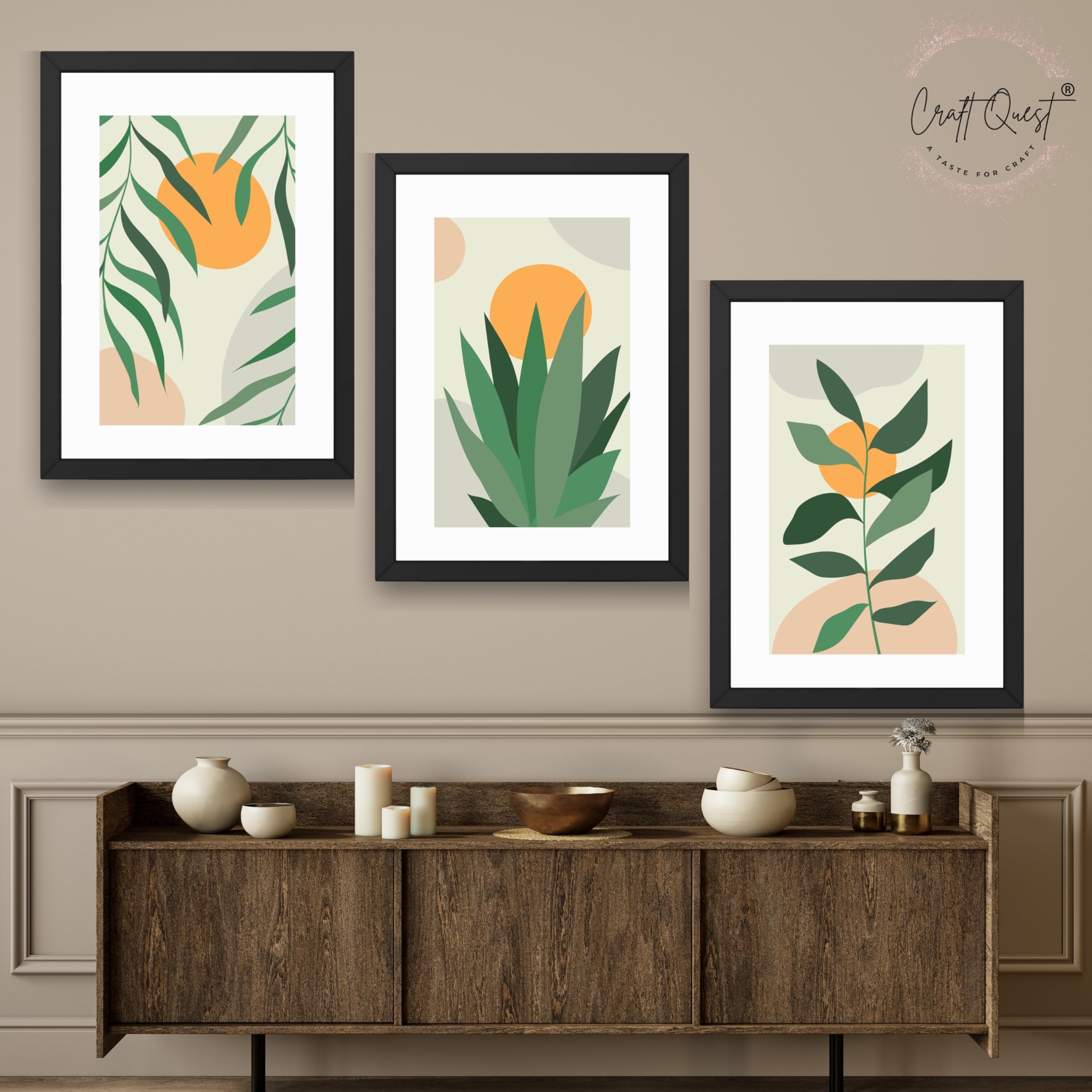 CRAFT QUEST Nature Inspired Botanical Abstract Wall Art | Set of 3 Frames for Home Decoration | Ideal for Living Room, Bedroom & Office