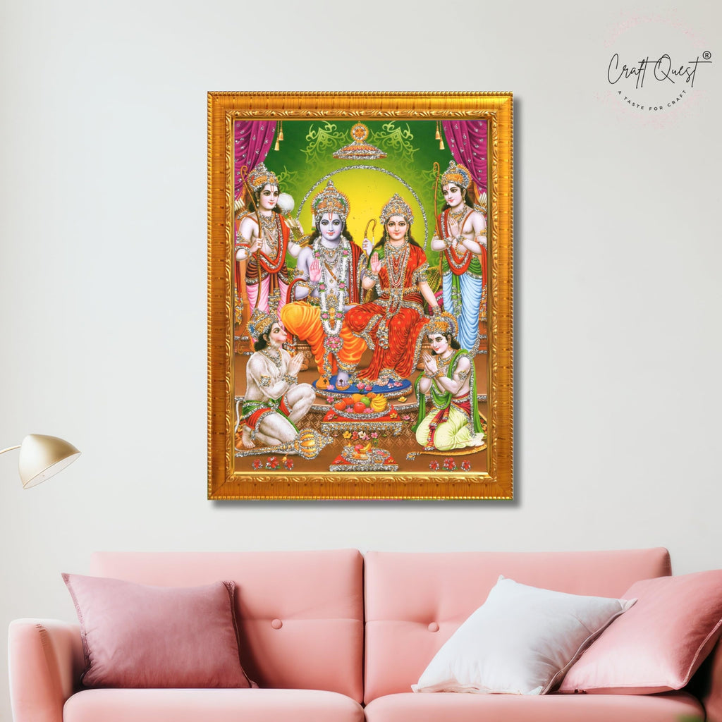 CRAFT QUEST Ram Darbar Lord Shri Rama Sita Parivar Family Wall Painting Framed Home and Pooja Decor