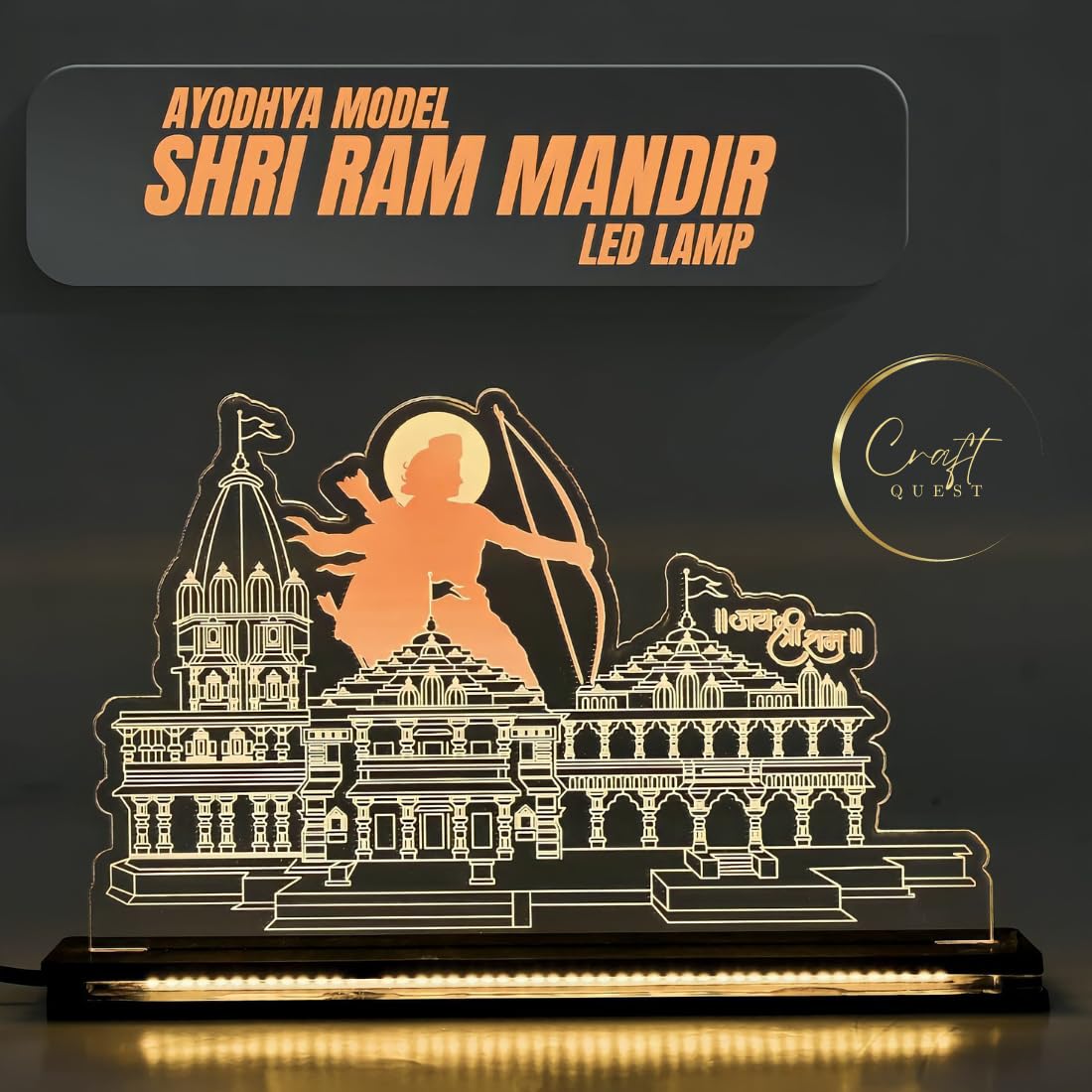 Craft Quest Shri Ram Mandir Ayodhya Model 2024 Photo Frame with LED Light Base - Table Top, 2D HD UV Acrylic Print - Unique Gifting, Home Decoration