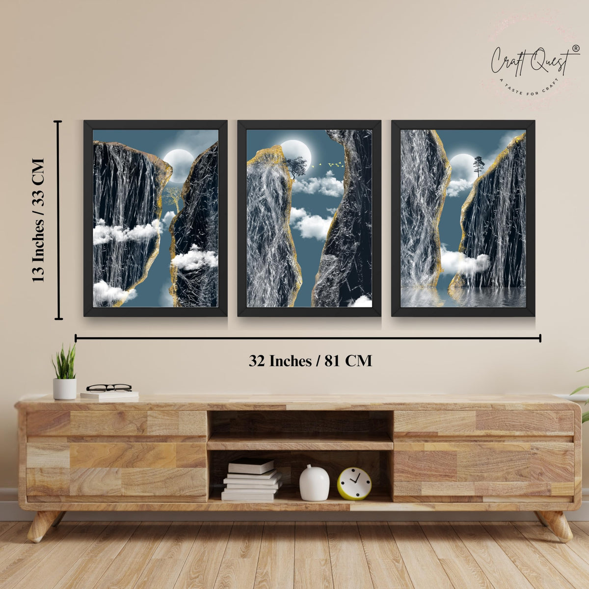 CRAFT QUEST Modern Art Abstract Landscape Decorative Wall Art | Set of 3 Frames for Home Decoration | Ideal for Living Room, Bedroom & Offices