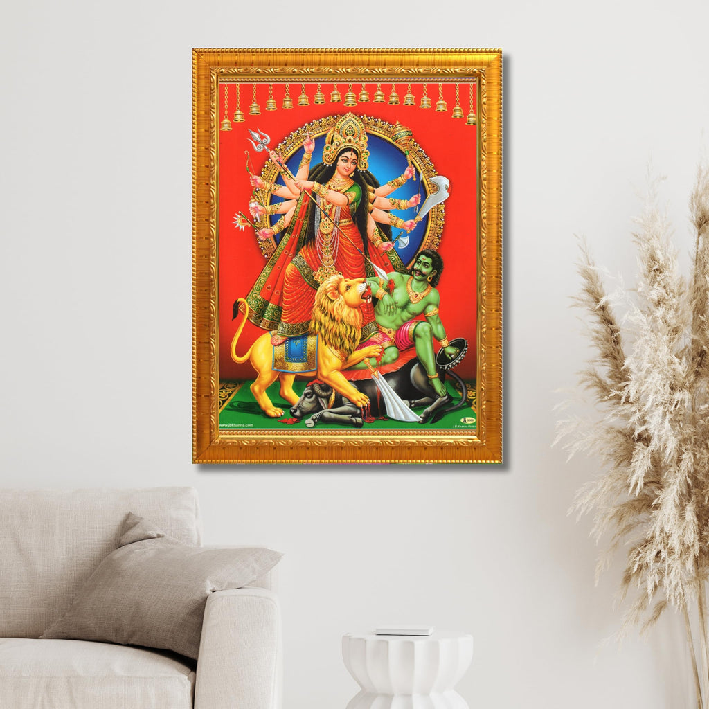 CRAFT QUEST Durga mata Mahishasura Mardini | Mahisasur Mardhini Durga Wall Painting Framed, Religious Photo Frame With Acrylic Glass