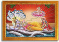 CRAFT QUEST Lord Vishnu and Goddess Lakshmi Giving Blessing on Shesh naag, landscape Glitter Painting with Golden Frame (6 X 8 Inches, Synthetic)