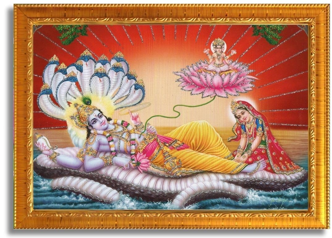 CRAFT QUEST Lord Vishnu and Goddess Lakshmi Giving Blessing on Shesh naag, landscape Glitter Painting with Golden Frame (6 X 8 Inches, Synthetic)