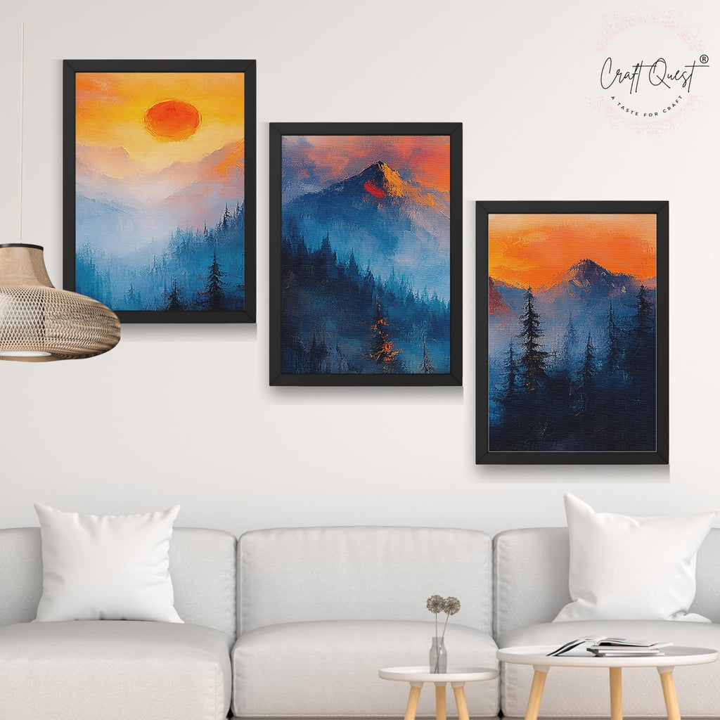 CRAFT QUEST Nature Inspired Landscape With Trees & Mountains Wall Art | Set of 3 Frames for Home Decoration | Ideal for Living Room, Bedroom & Offices