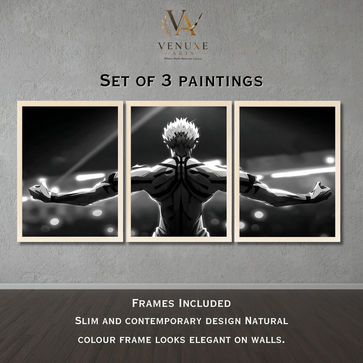 VENUXE ARTS Set Of 3 Anime Characters Wall Framed |Anime Characters Framed Poster for Living Room Bedroom Gaming Room Studio Wall Decor