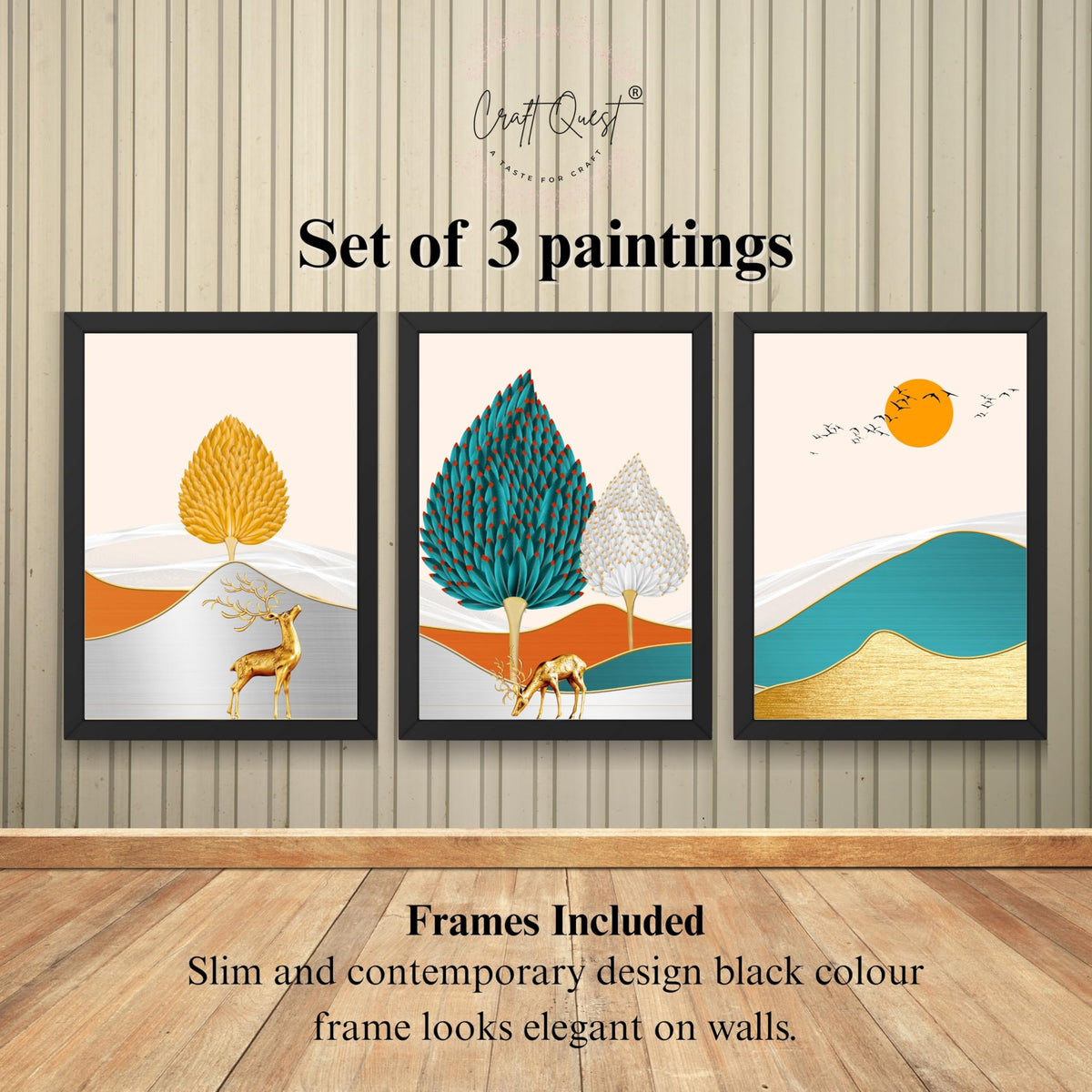 CRAFT QUEST Modern Art Landscapes Sanlian Adornment Abstract Wall Art | Set of 3 Frames for Home Decoration | Ideal for Living Room, Bedroom & Offices