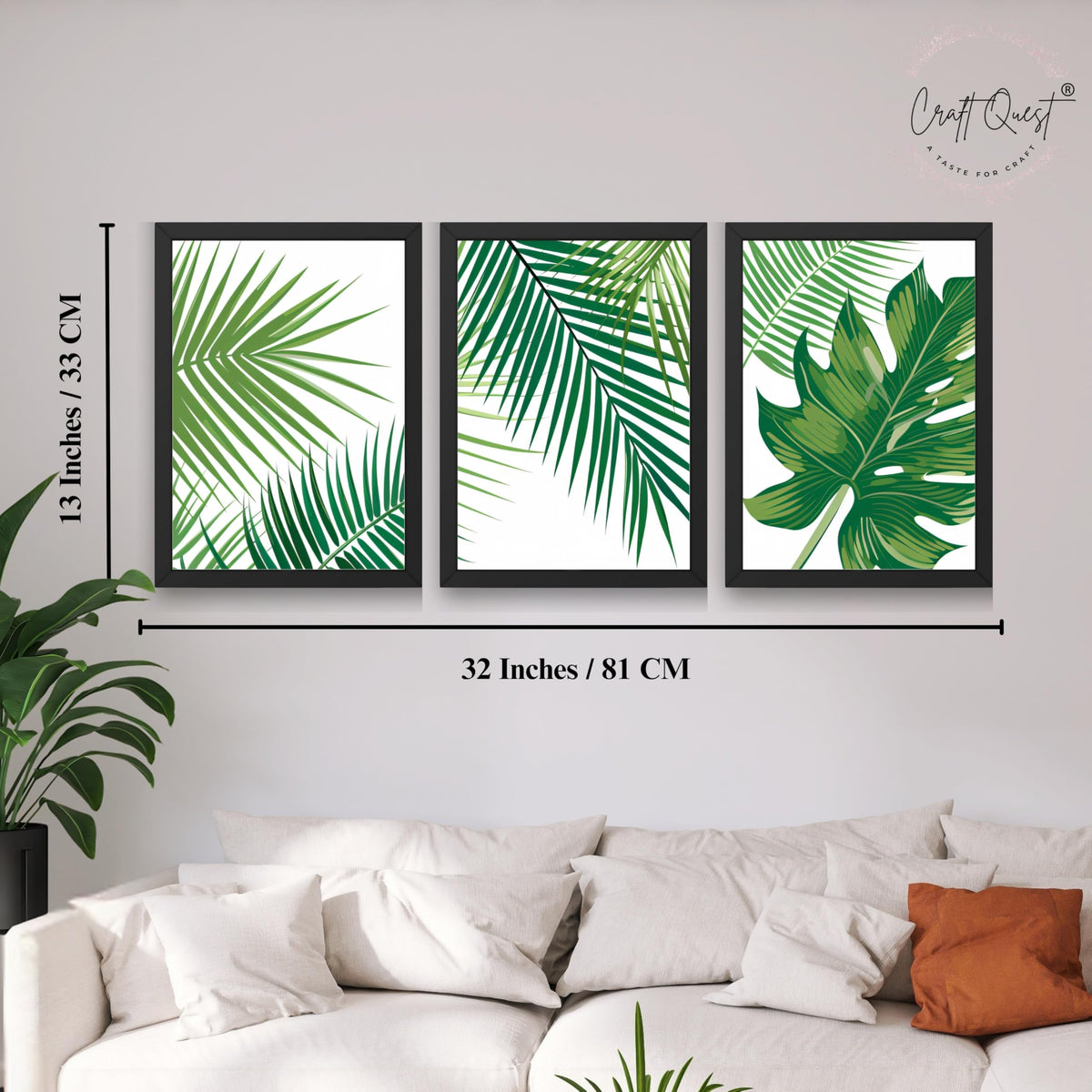 CRAFT QUEST Nature Inspired Tropical Palm Leaf Modern Wall Art | Set of 3 Frames for Home Decoration | Ideal for Living Room, Bedroom & Offices