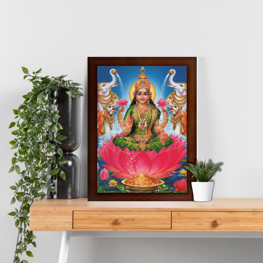 Craft Quest Goddess Lakshmi Devi Dhana Vaibhav Laxmi Maa Wall Painting Framed Home Decor (Wood, Matte, Brown, Small Size, 14 X 10 Inch)