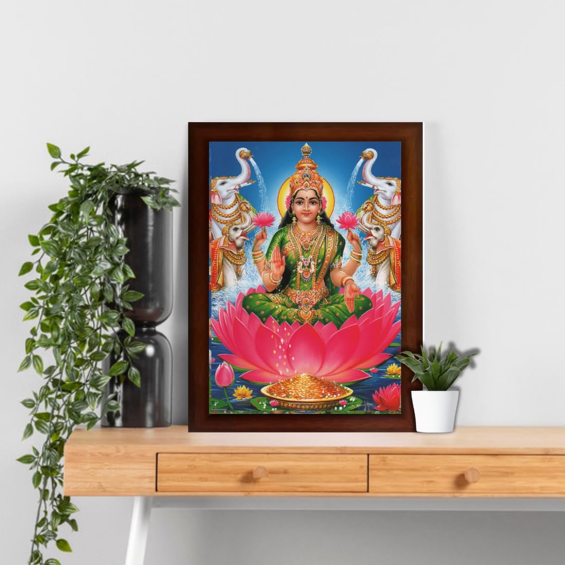 Craft Quest Goddess Lakshmi Devi Dhana Vaibhav Laxmi Maa Wall Painting Framed Home Decor (Wood, Matte, Brown, Small Size, 14 X 10 Inch)