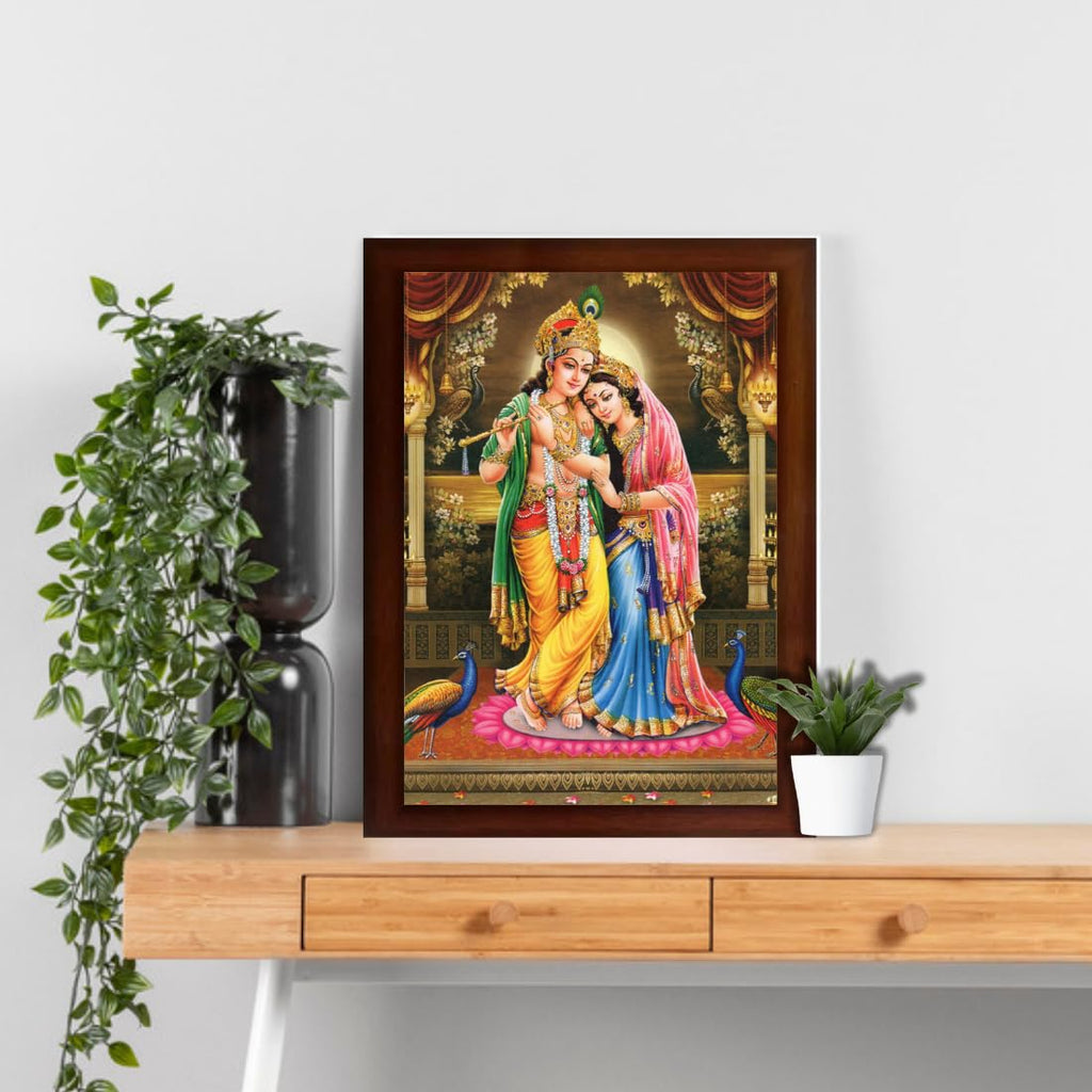 Craft Quest Radha Krishna Sparkle Coated Home Decorative Gift Item Framed Painting (10 X 14 Inches, Brown) RK1013-14