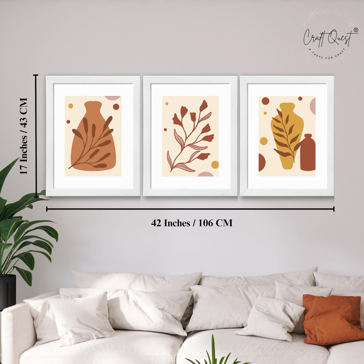 CRAFT QUEST Wall Art Decor Paintings | Set of 3 BOHO Wall Art Frames for Home Decoratio | Ideal for Living Room, Office & Bedrooms