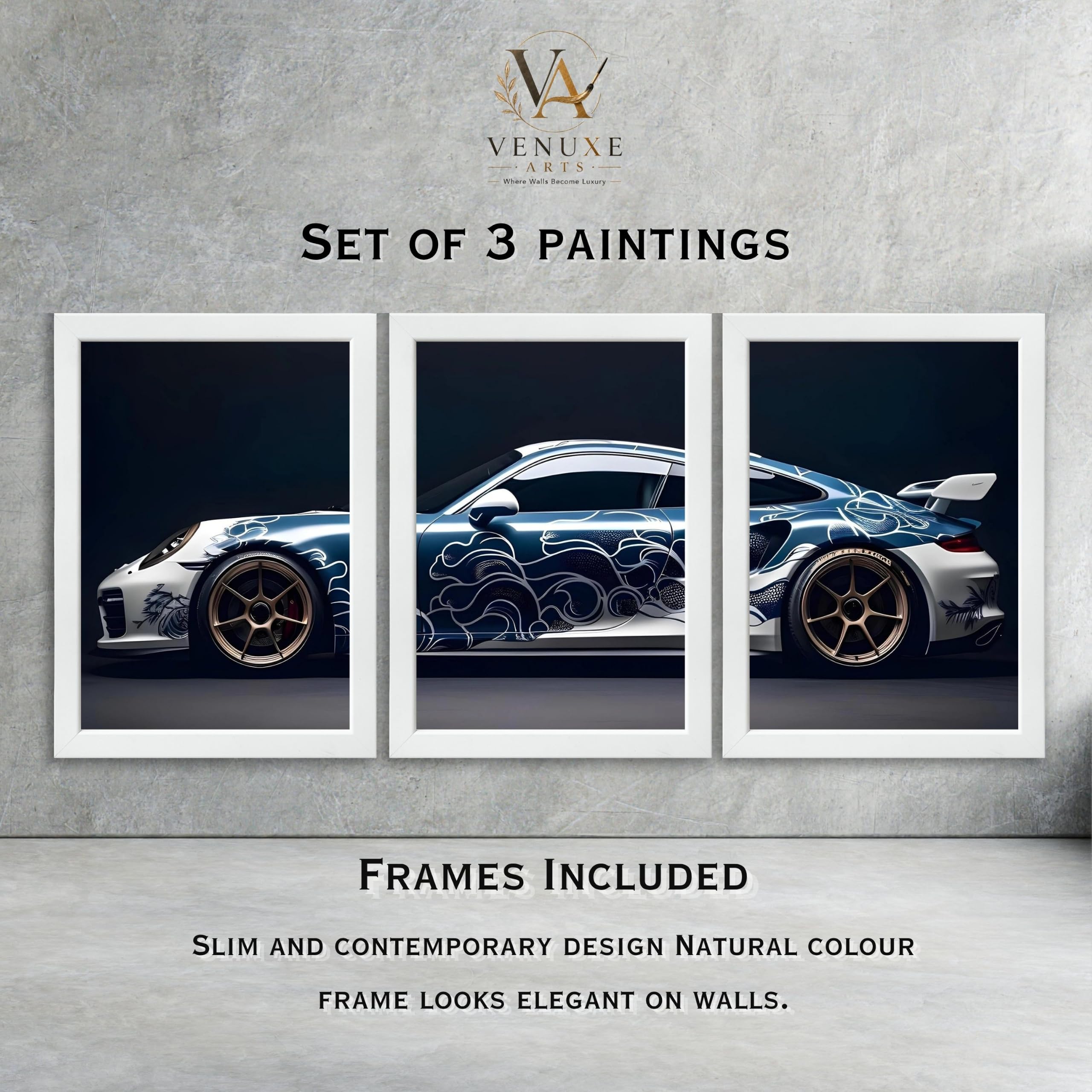VENUXE ARTS Set Of 3 Big Sports Cars Framed Posters Gift Items for Boys Room Wall Decoration Bedroom Living Room Office Studio Décor | Car Poster Frame for Wall Décor