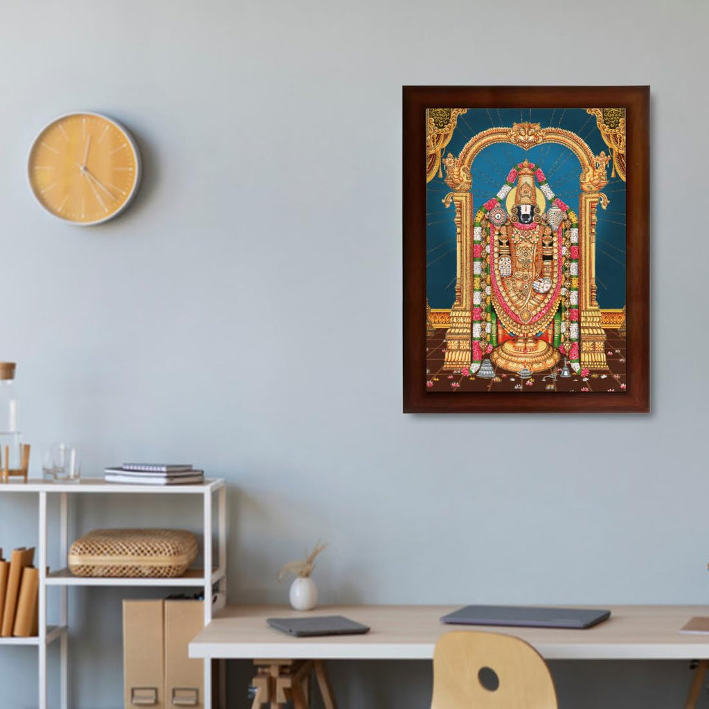 CRAFT QUEST Tirupati Balaji Lord Venkateshwara Swamy Wall Painting Framed Home Decor (Wood, Matte, Brown, Big Size,10 X 14 Inches)