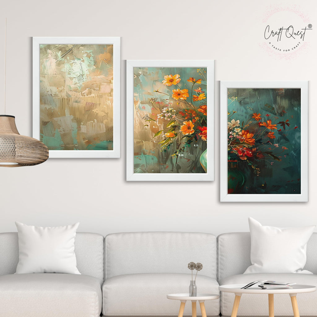 CRAFT QUEST Nature Inspired Paintings Of Flowers Wall Art | Set of 3 Frames for Home Decoration | Ideal for Living Room, Bedroom & Office