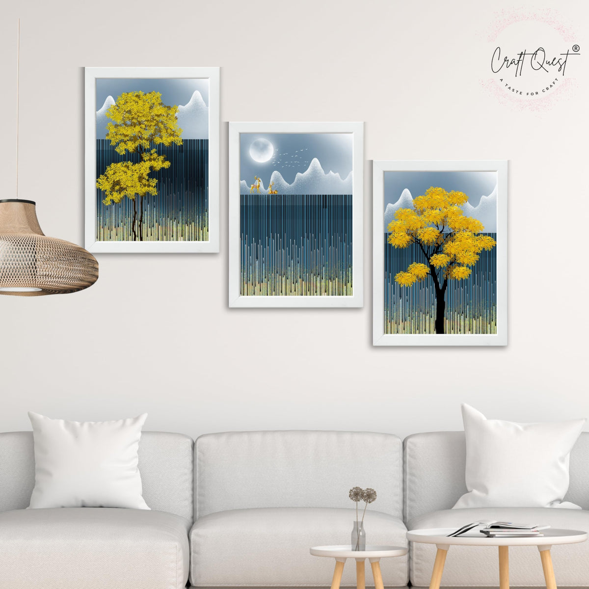 CRAFT QUEST Modern Abstract Blue Landscape Art | Set of 3 Frames for Home Decoration | Ideal for Living Room, Bedroom & Offices