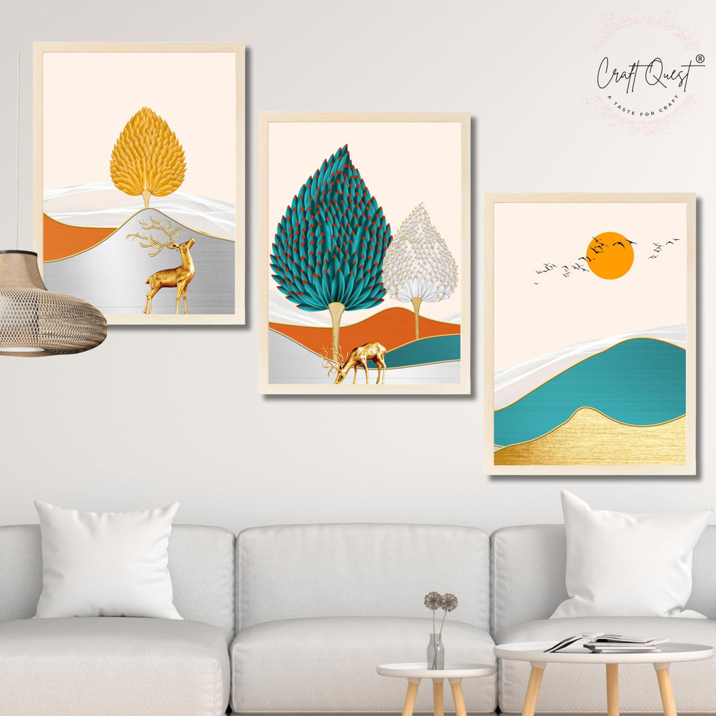 CRAFT QUEST Modern Art Landscapes Sanlian Adornment Abstract Wall Art | Set of 3 Frames for Home Decoration | Ideal for Living Room, Bedroom & Offices