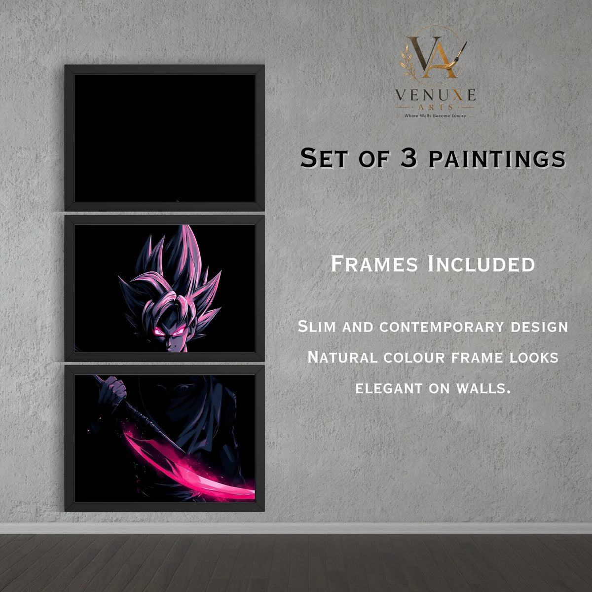 VENUXE ARTS Set Of 3 Anime Characters Wall Framed |Anime Characters Framed Poster for Living Room Bedroom Gaming Room Studio Wall Decor