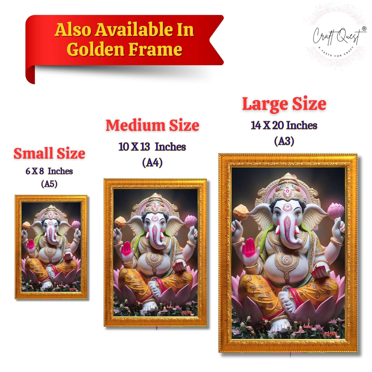 CRAFT QUEST Lord Ganesha Ganesh ji Art Framed Wall Painting With Frame For Home and Pooja,Office Décor Items