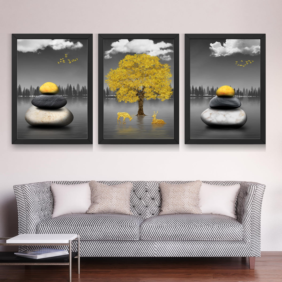 CRAFT QUEST Modern Art Geometric Landscapes Wall Art | Set of 3 Frames for Home Decoration | Ideal for Living Room, Bedroom & Offices