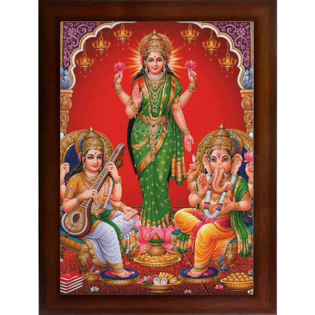 CRAFT QUEST Standing Lakshmi Jii with ganesh ji and saraswati maa Wall Painting Frame for Shop or Business (Synthetic, Matte Finish, Brown, Large Size, 14 X 10 Inch)