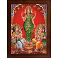 CRAFT QUEST Standing Lakshmi Jii with ganesh ji and saraswati maa Wall Painting Frame for Shop or Business (Synthetic, Matte Finish, Brown, Large Size, 14 X 10 Inch)