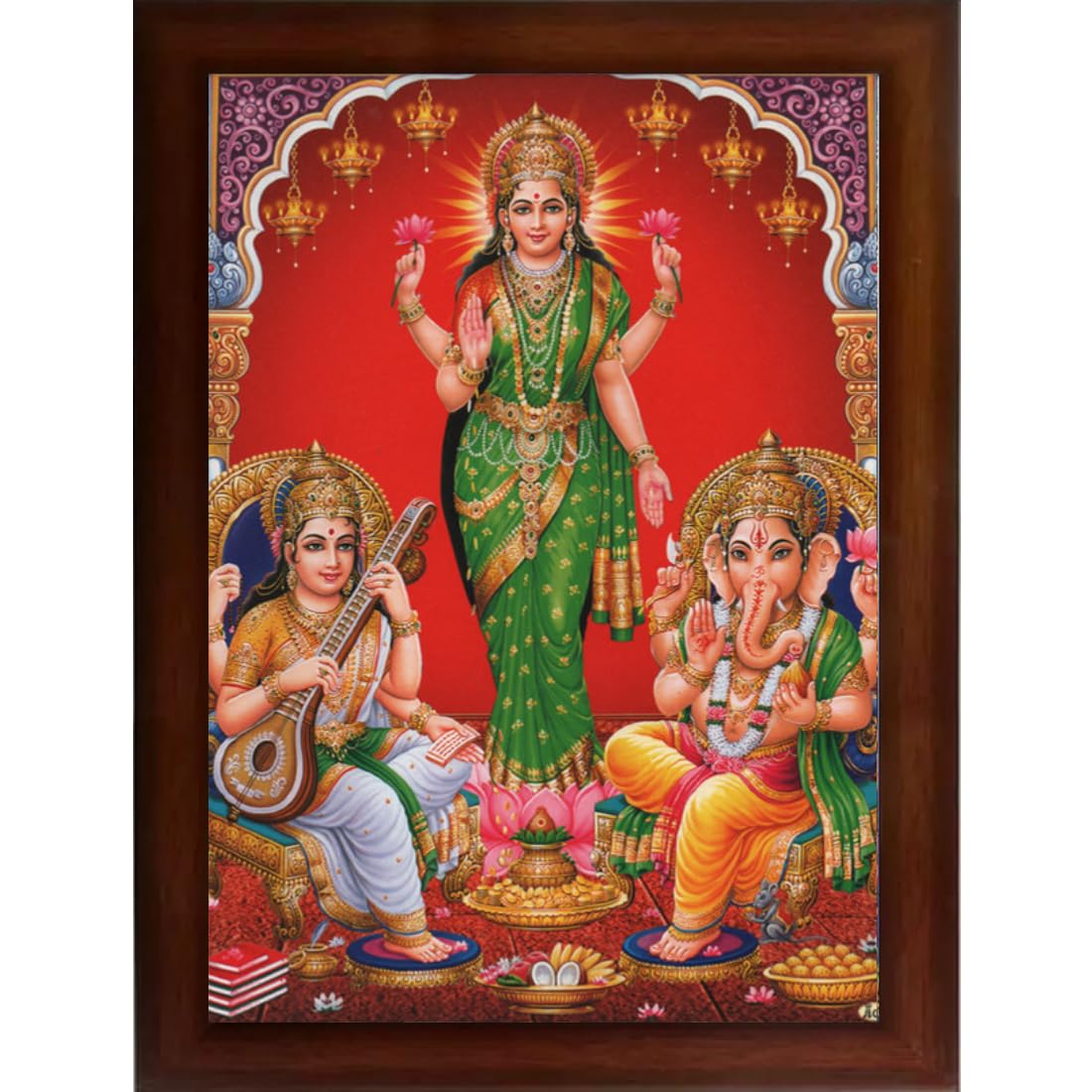 CRAFT QUEST Standing Lakshmi Jii with ganesh ji and saraswati maa Wall Painting Frame for Shop or Business (Synthetic, Matte Finish, Brown, Large Size, 14 X 10 Inch)