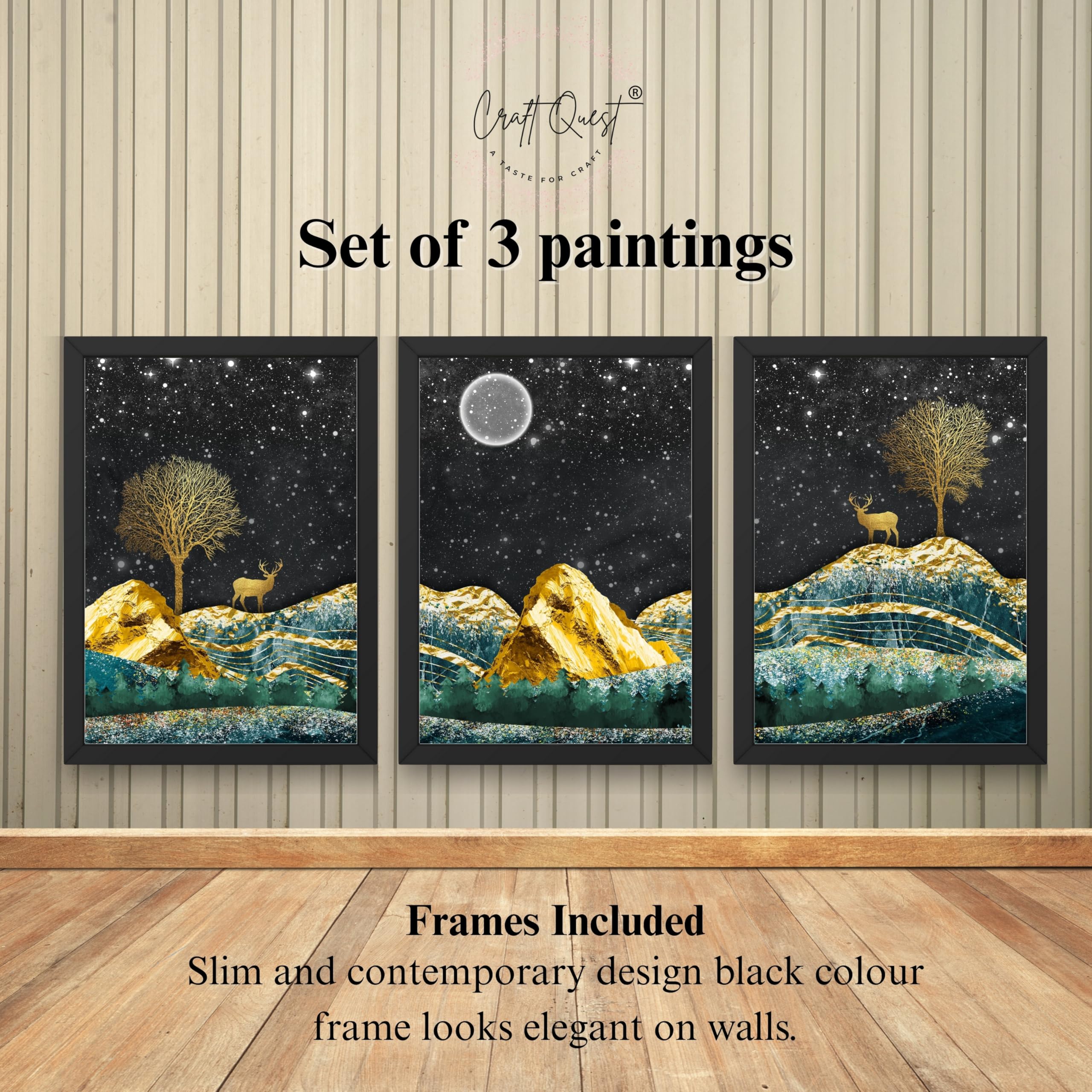 CRAFT QUEST Modern Art Landscape With Turquoise Mountains & Golden Trees Wall Art | Set of 3 Frames for Home Decoration | Ideal for Living Room, Bedroom & Offices