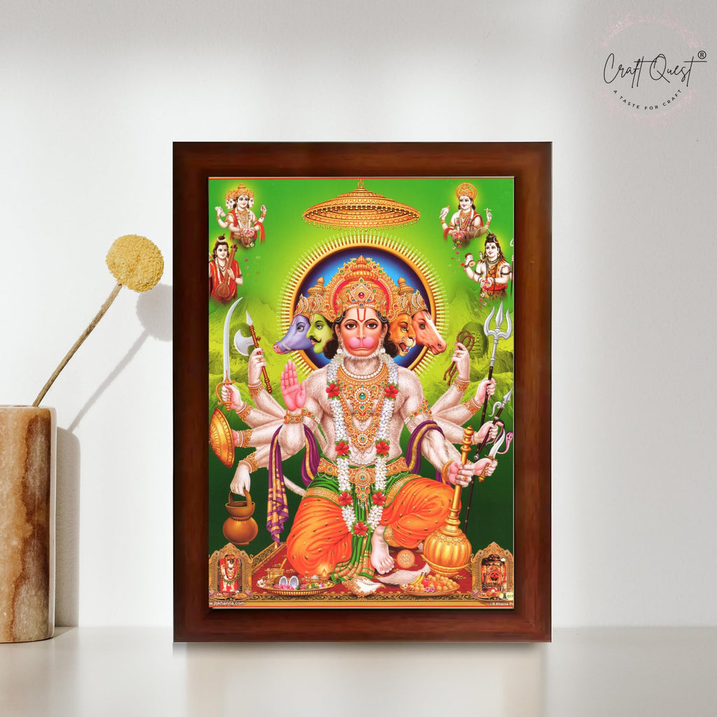 CRAFT QUEST Panchmukhi Hanuman | Bajrangbali Religious Photo frame home Decorative item synthetic wooden frame