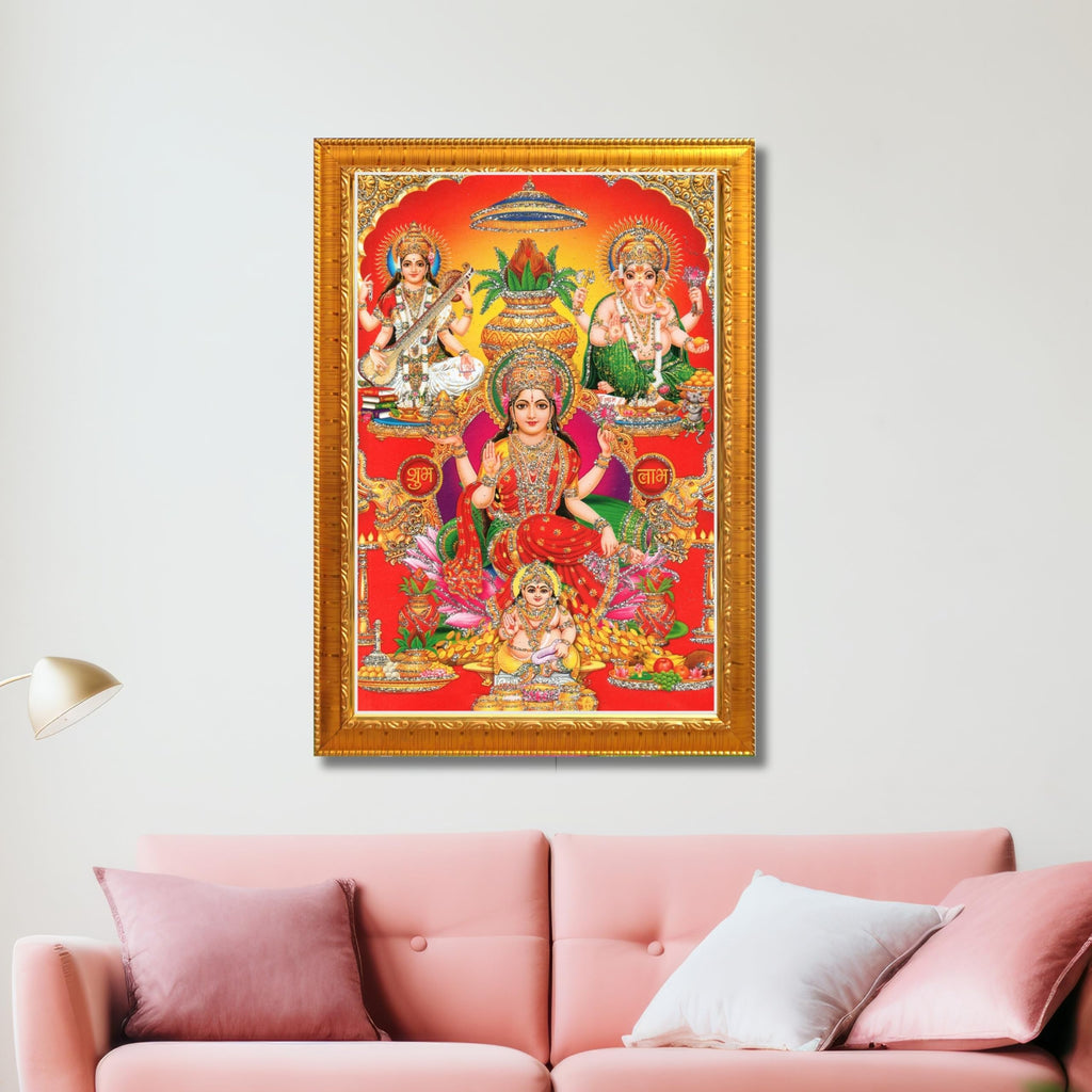 CRAFT QUEST Lord Laxmi Ganesh Saraswati Ji Religious Hindu Photo Frame for Wall, Table, Office, Temple, Pooja, Living Room and Home Decor Item