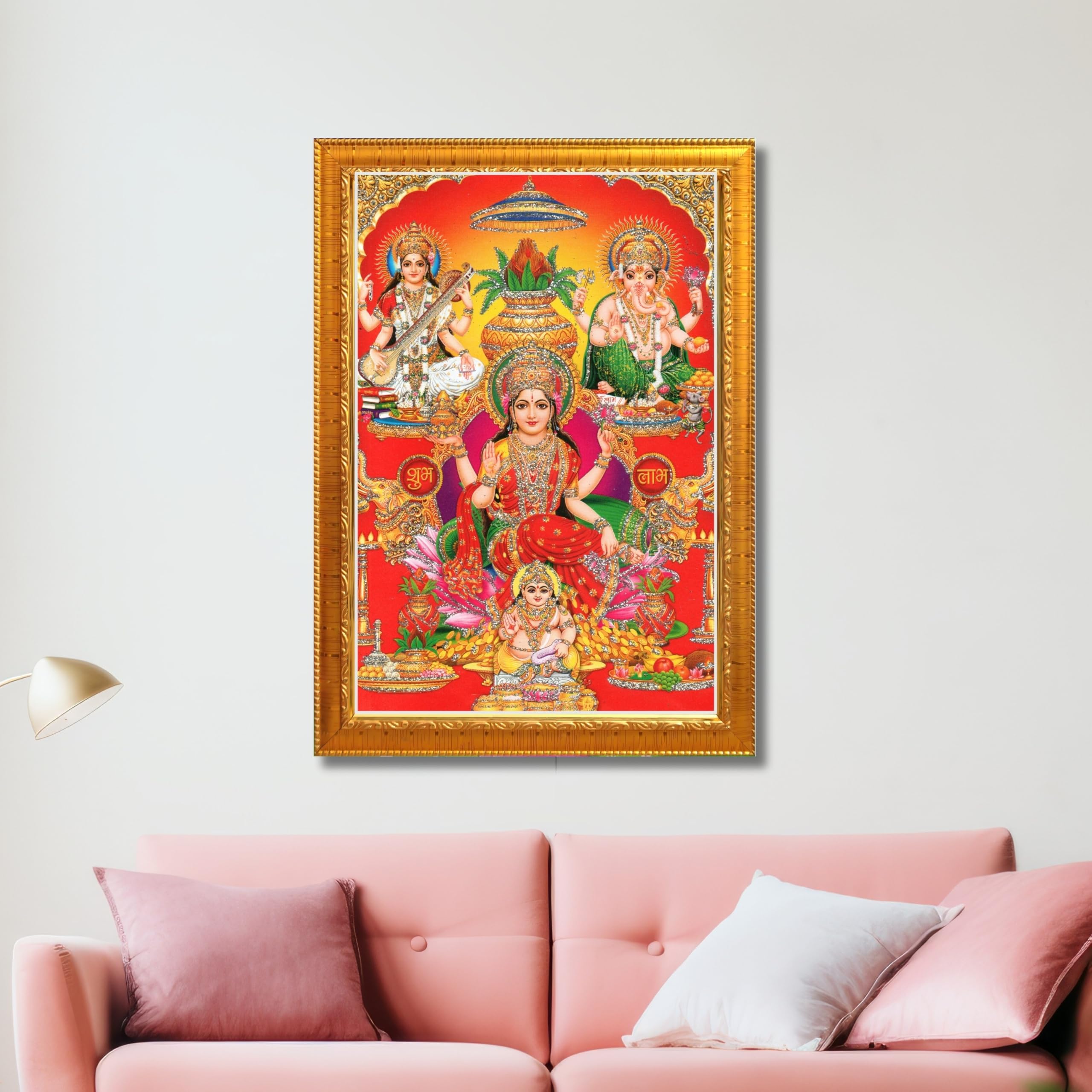 CRAFT QUEST Lord Laxmi Ganesh Saraswati Ji Religious Hindu Photo Frame for Wall, Table, Office, Temple, Pooja, Living Room and Home Decor Item