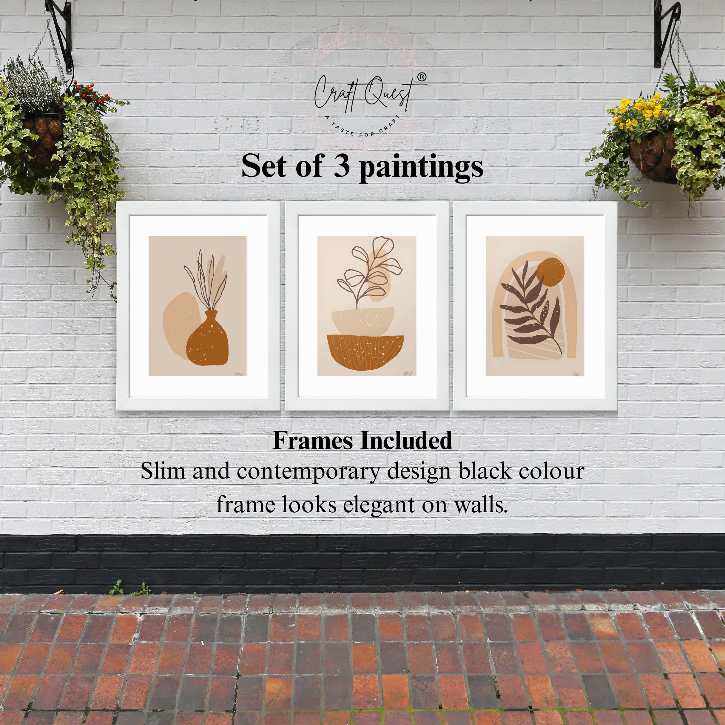 CRAFT QUEST Wall Art Decor Paintings | Set of 3 FLORAL Wall Art Frames for Home Decoration | Ideal for Living Room, Bedroom & Offices