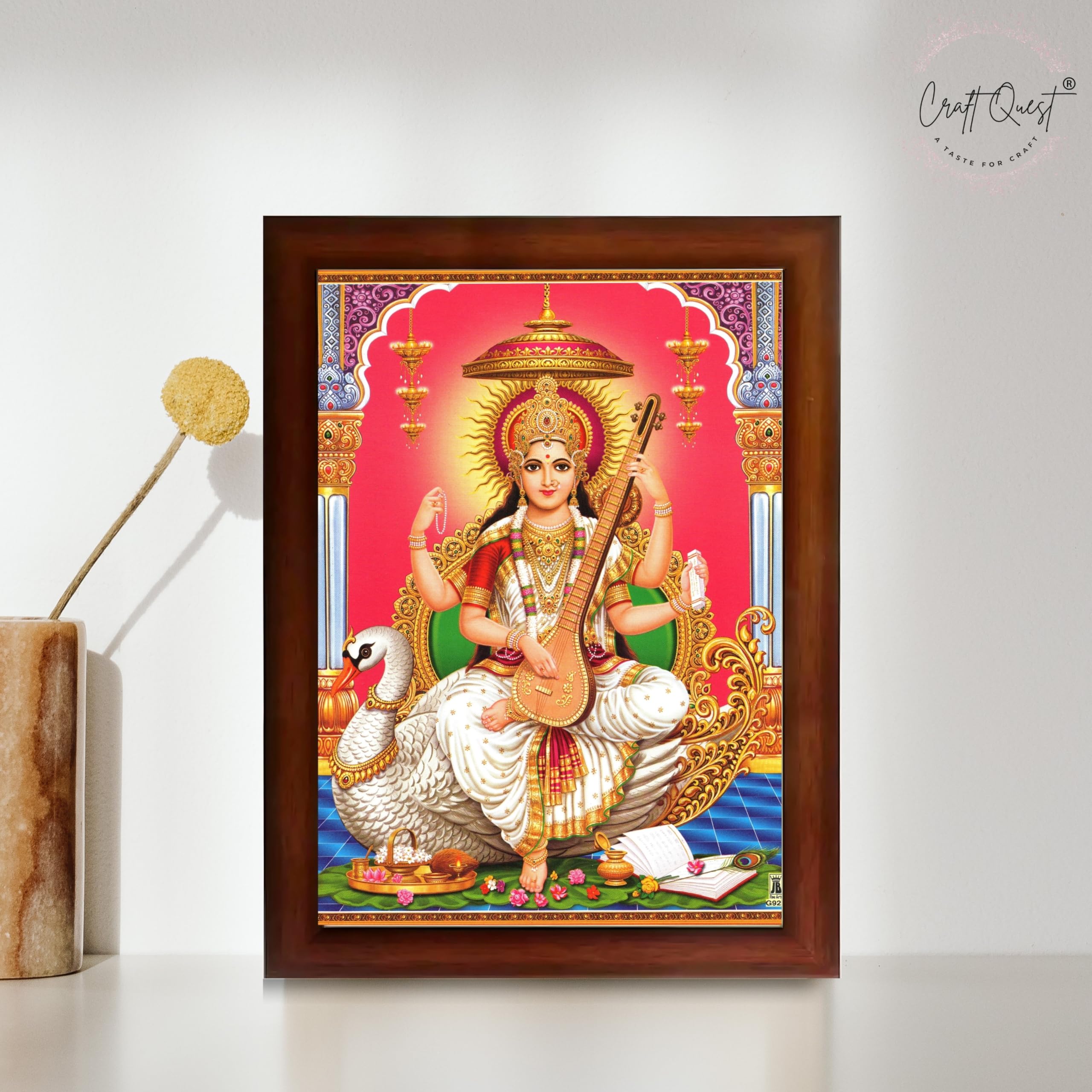 CRAFT QUEST Saraswati Devi Goddess Saraswathi Maa Wall Painting Sparkle Coated Framed Home Décor Synthetic wooden Framed