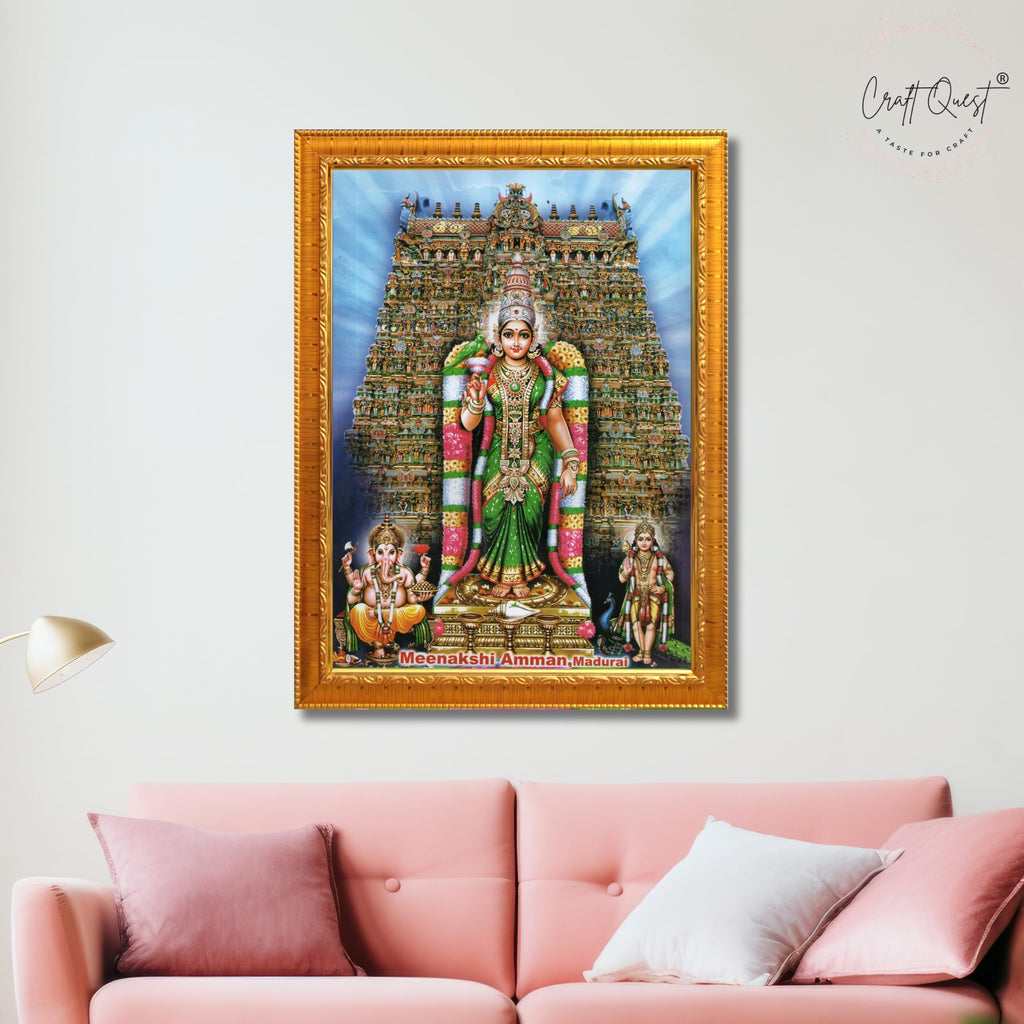 CRAFT QUEST Madurai Meenakshi Amman Madhura Meenatchi Wall Painting Framed Home Decor | South God Picture Frame for Home, Office, Temple & Gifting, Decor