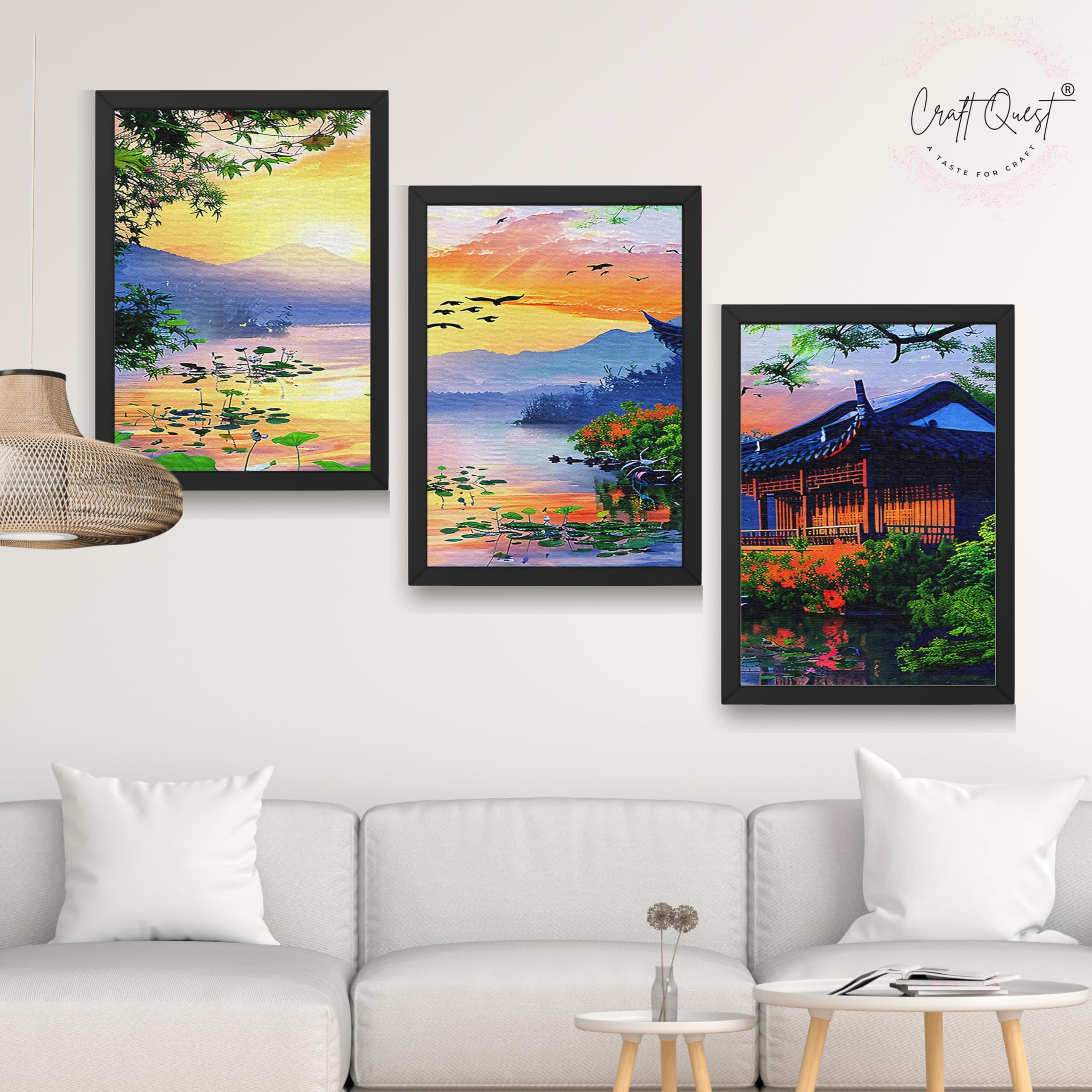 CRAFT QUEST Modern Art Of Sunset Wall Art | Set of 3 Frames for Home Decoration | Ideal for Living Room, Bedroom & Offices