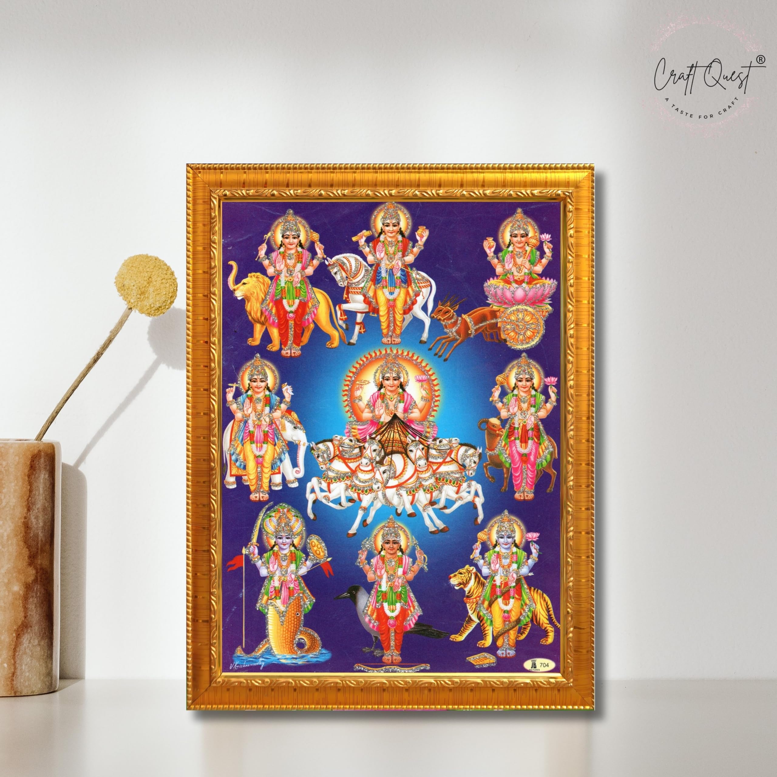 CRAFT QUEST Lord Surya Dev Bhagavan Bhagwan with 7 Horses Wall Painting | Hindu God Spiritual Framed | Ideal for Home, Office, Temple & Puja Room, Wall Decor