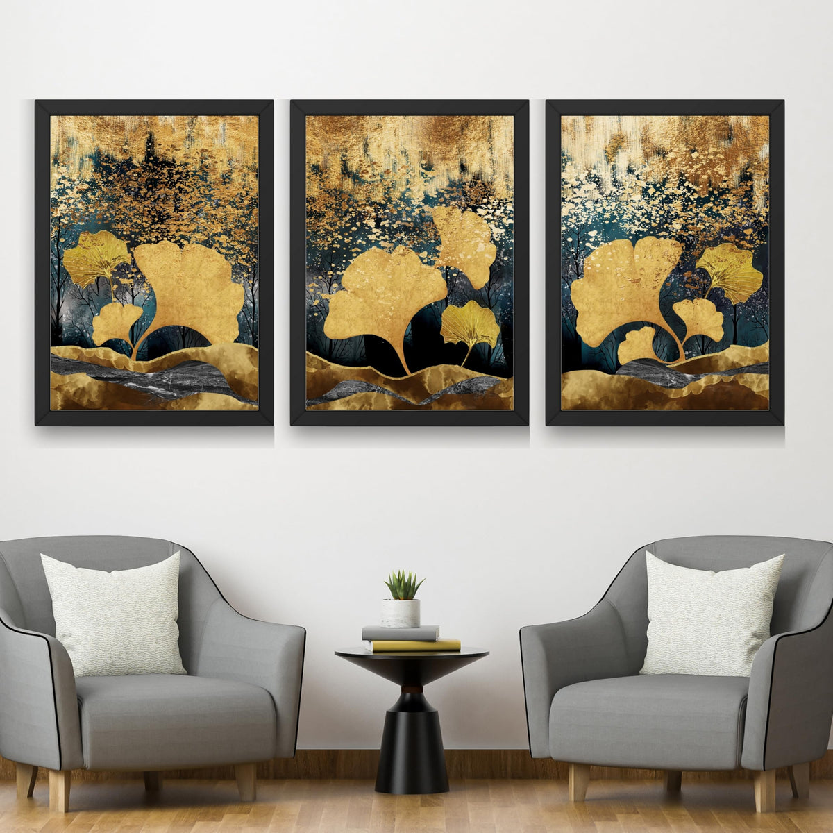 CRAFT QUEST Modern Art Of Ginko Leaves With Golden Mountains Wall Art | Set of 3 Frames for Home Decoration | Ideal for Living Room, Bedroom & Offices