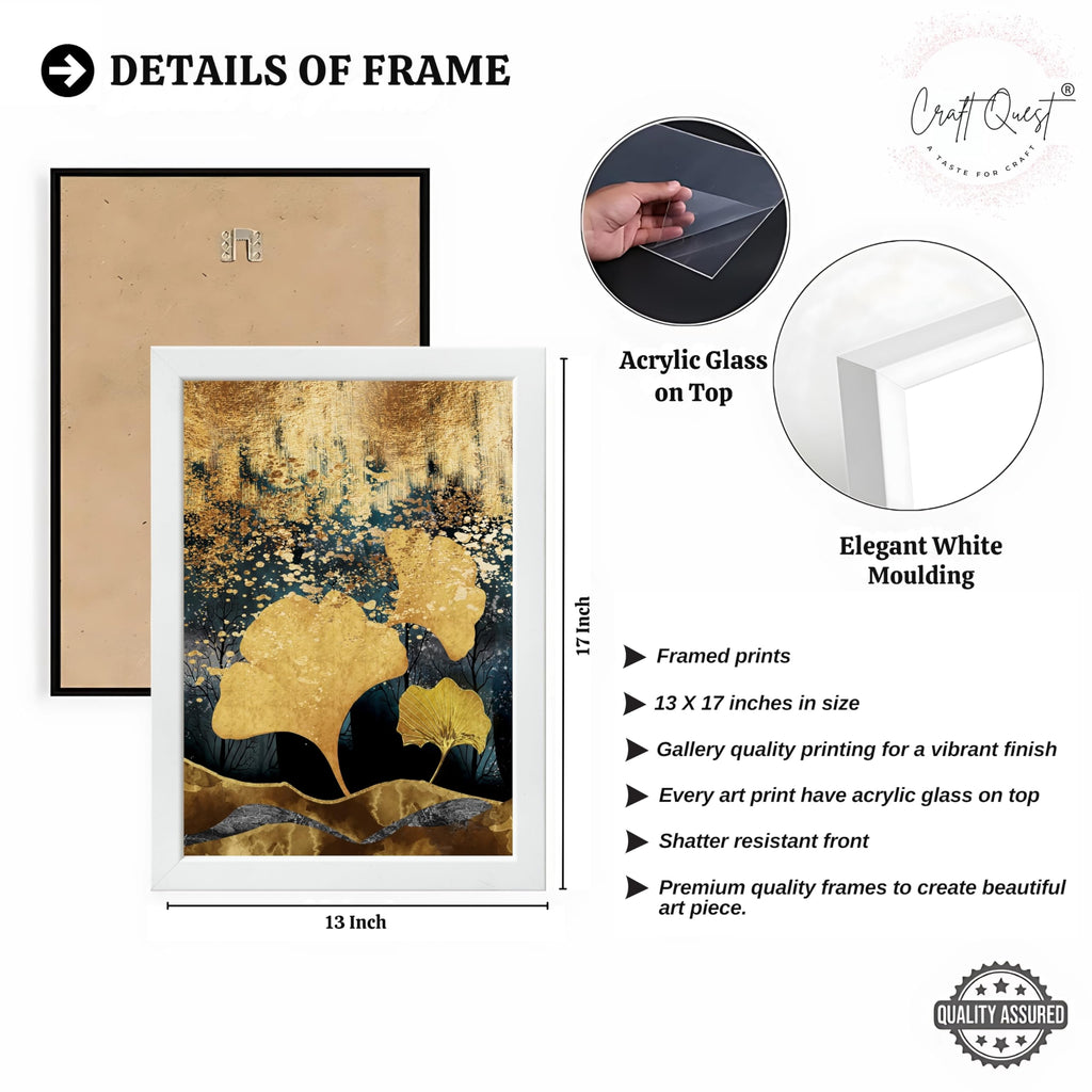 CRAFT QUEST Modern Art Of Ginko Leaves With Golden Mountains Wall Art | Set of 3 Frames for Home Decoration | Ideal for Living Room, Bedroom & Offices