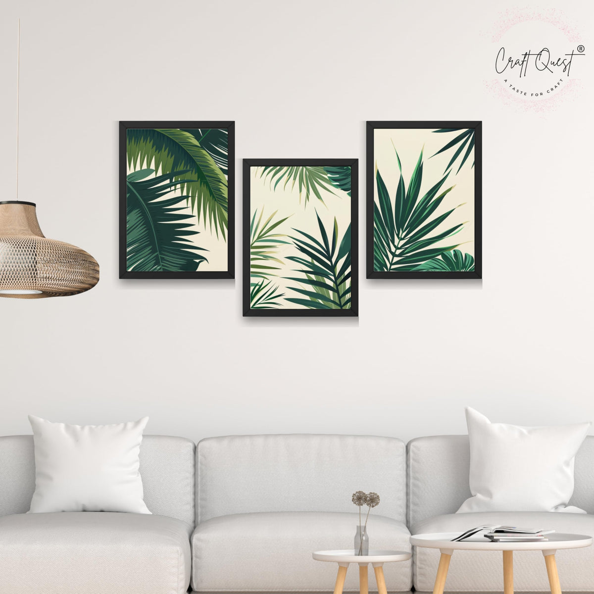 CRAFT QUEST Nature Inspired Tropical Palm Leaves Modern Wall Art | Set of 3 Frames for Home Decoration | Ideal for Living Room, Bedroom & Offices
