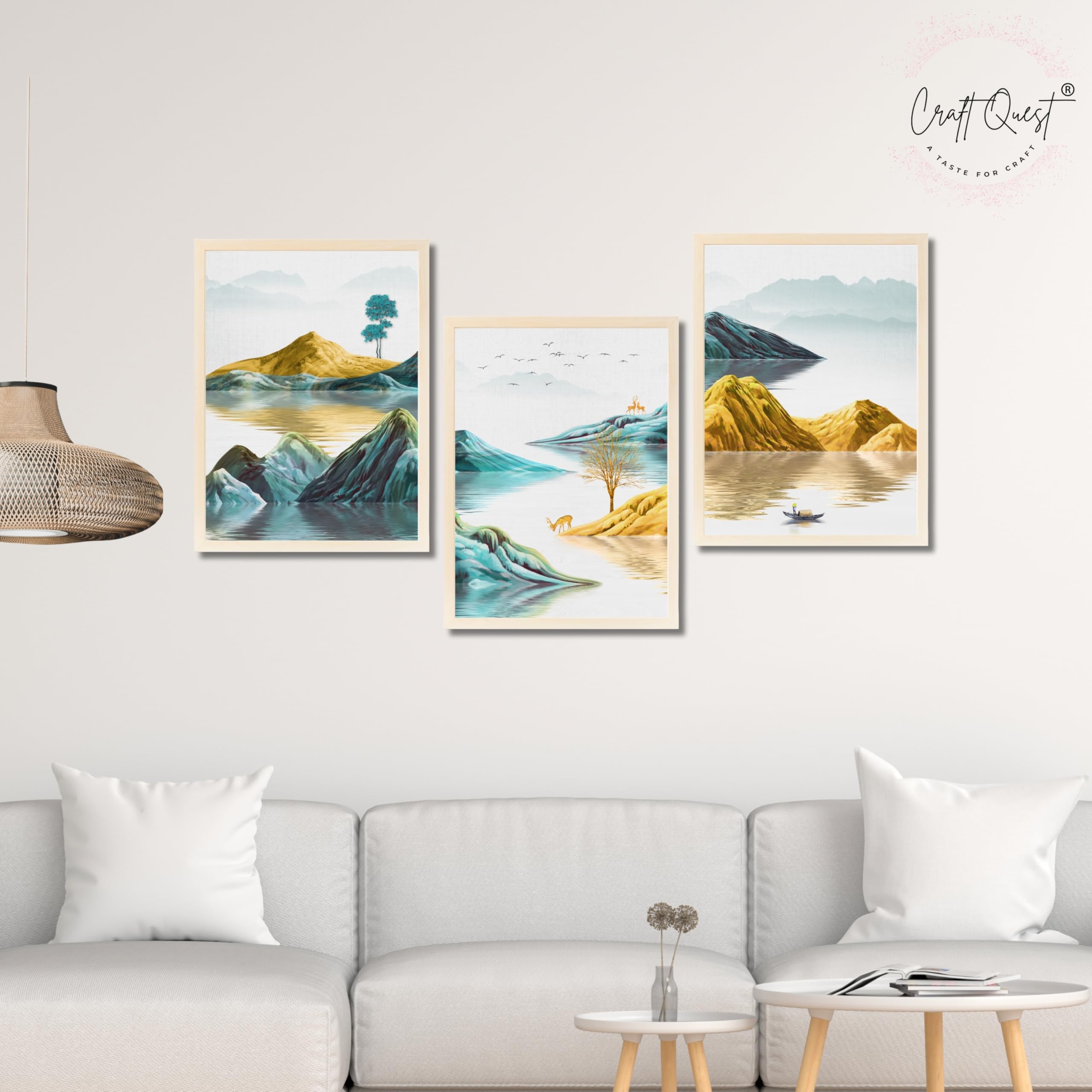 CRAFT QUEST Modern Art Abstract Geometric Gold Lines Wall Art | Set of 3 Frames for Home Decoration | Ideal for Living Room, Bedroom & Offices