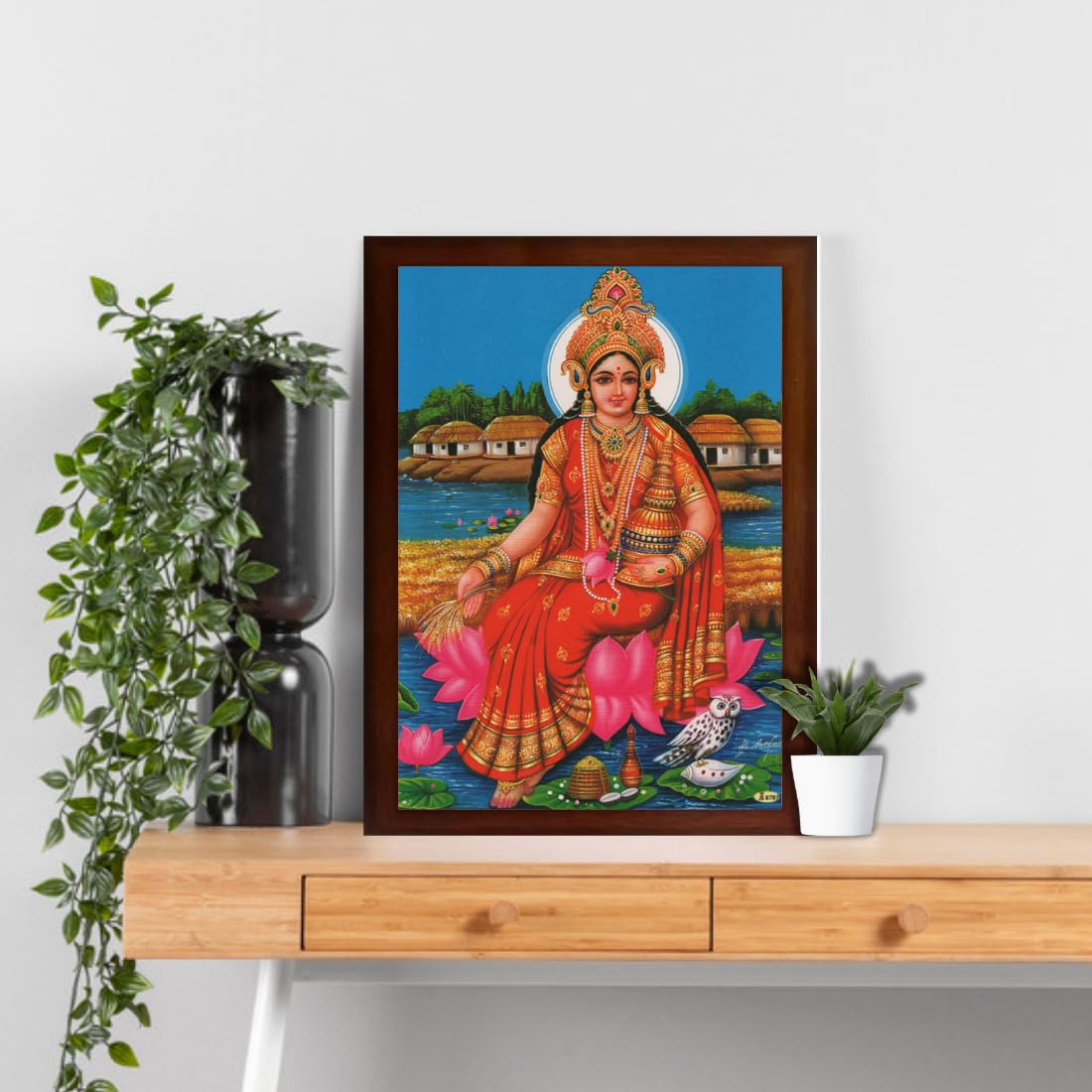 CRAFT QUEST Goddess Lakshmi Devi with Owl Wall Painting Frame Home Decor