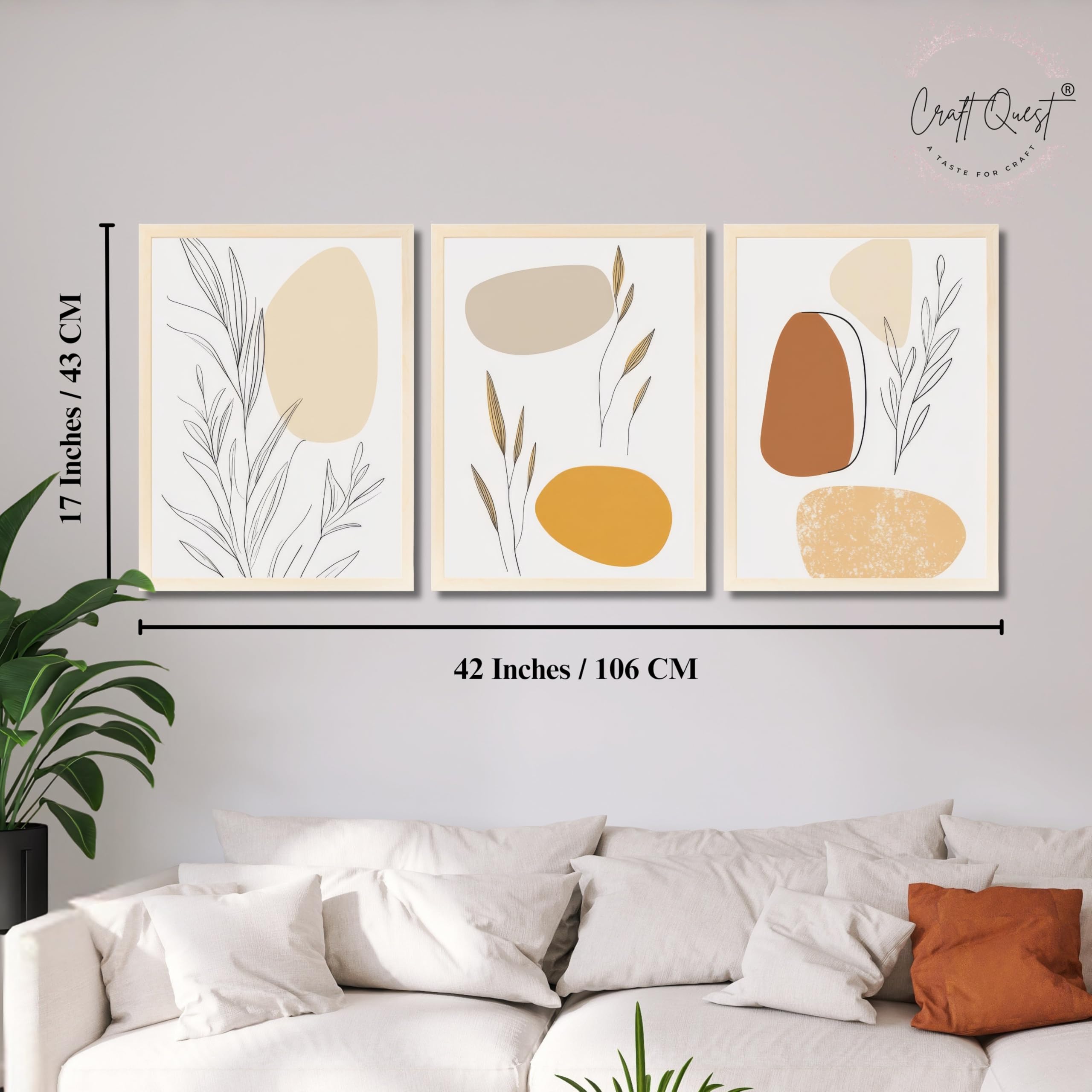 CRAFT QUEST Organic Abstract Wall Art Modern Art | Set of 3 Frames for Home Decoration | Ideal for Living Room, Bedroom & Offices