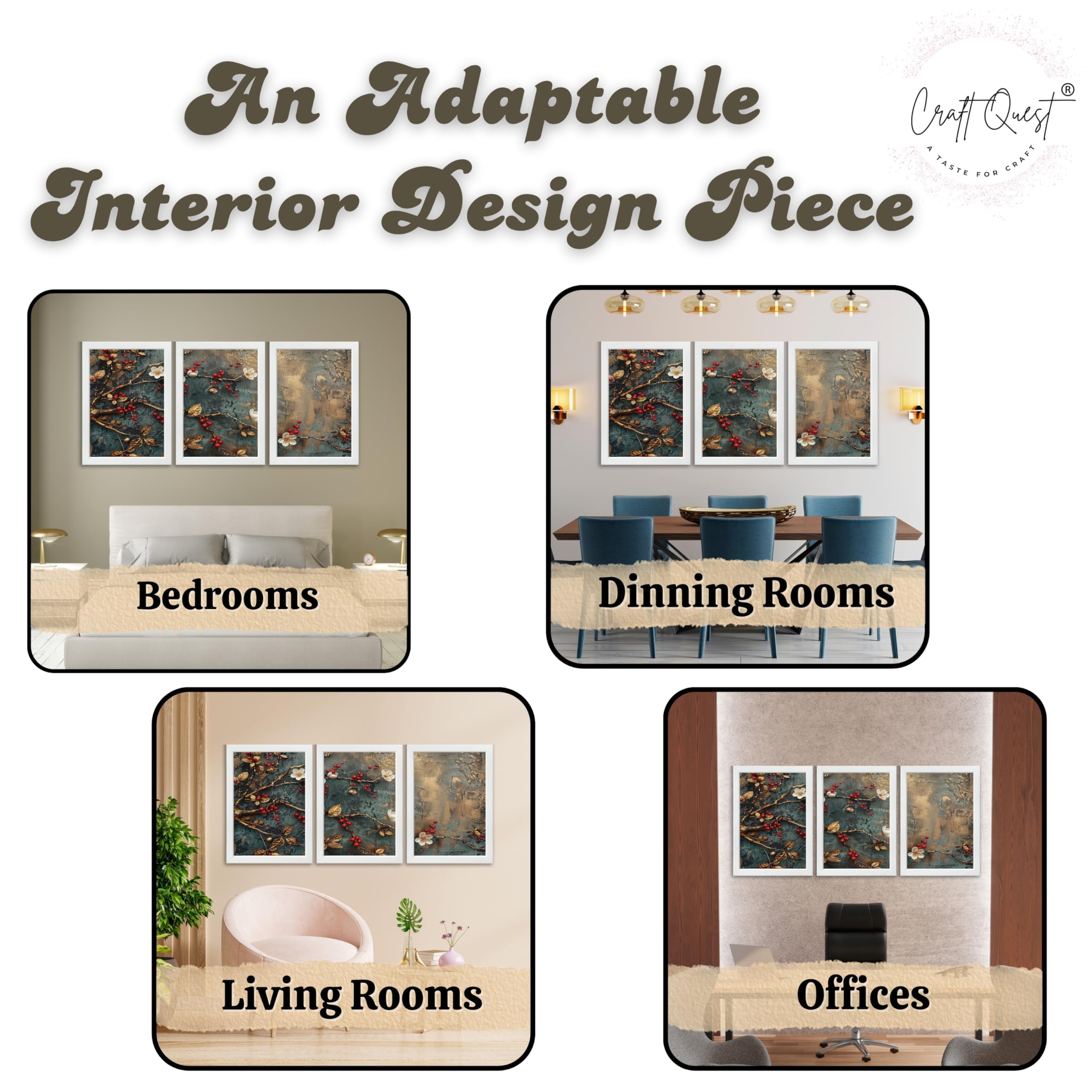 CRAFT QUEST Nature Inspired Modern Wall Art | Set of 3 Frames for Home Decoration | Ideal for Living Room, Bedroom & Offices